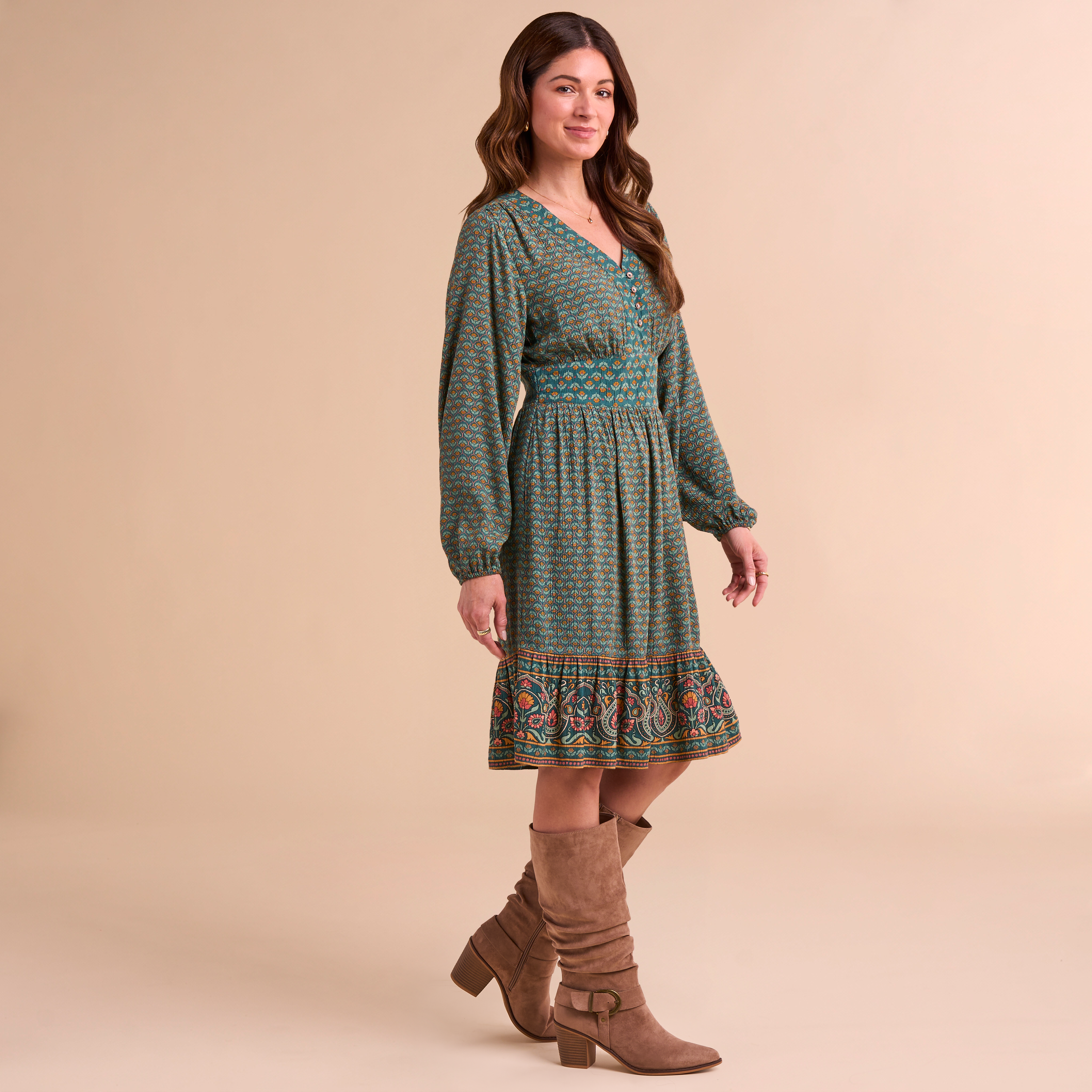 Image of Natural Reflections Paisley Long-Sleeve Dress - Mediterranea