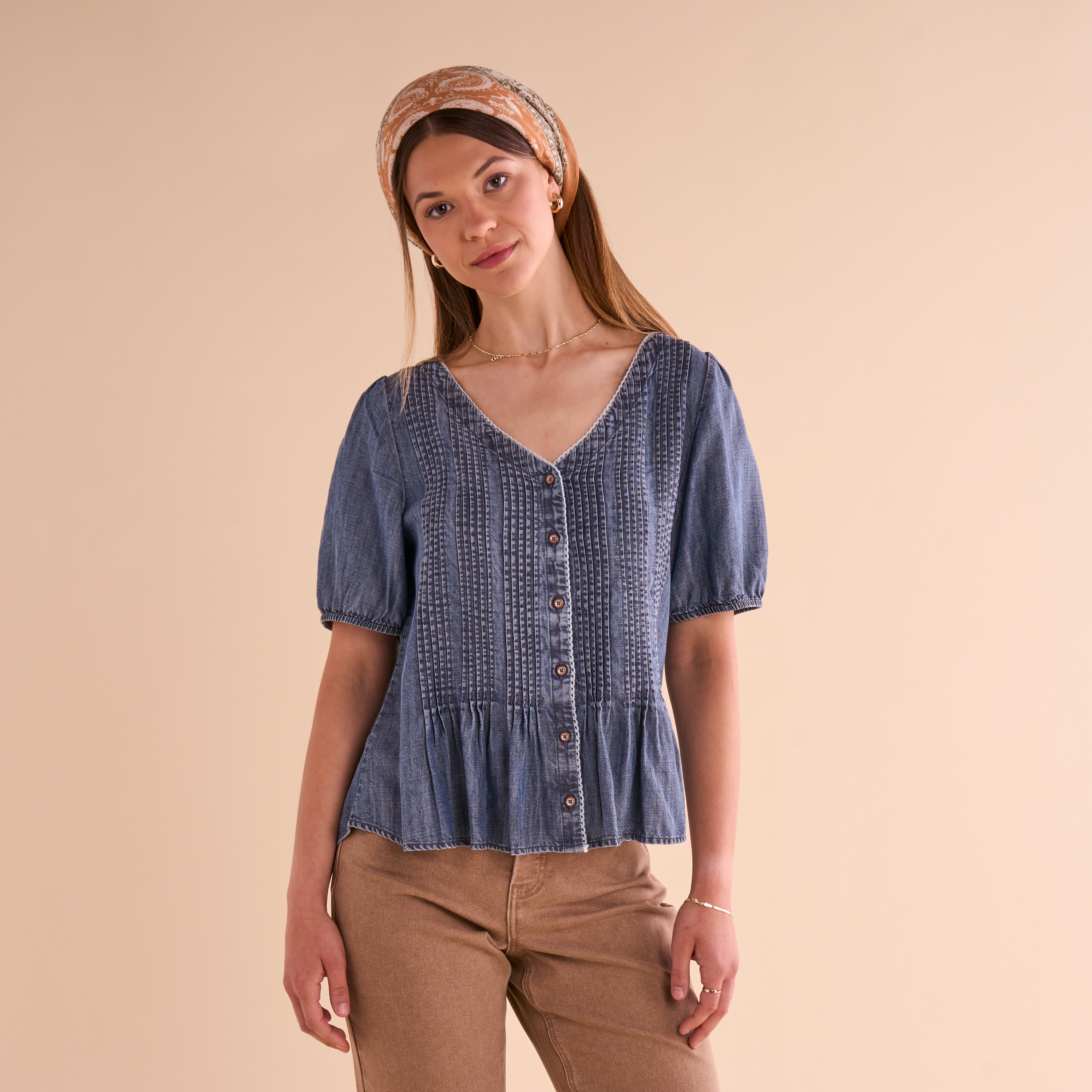Image of Natural Reflections Chambray Button-Down Short-Sleeve Peplum Blouse - Indigo