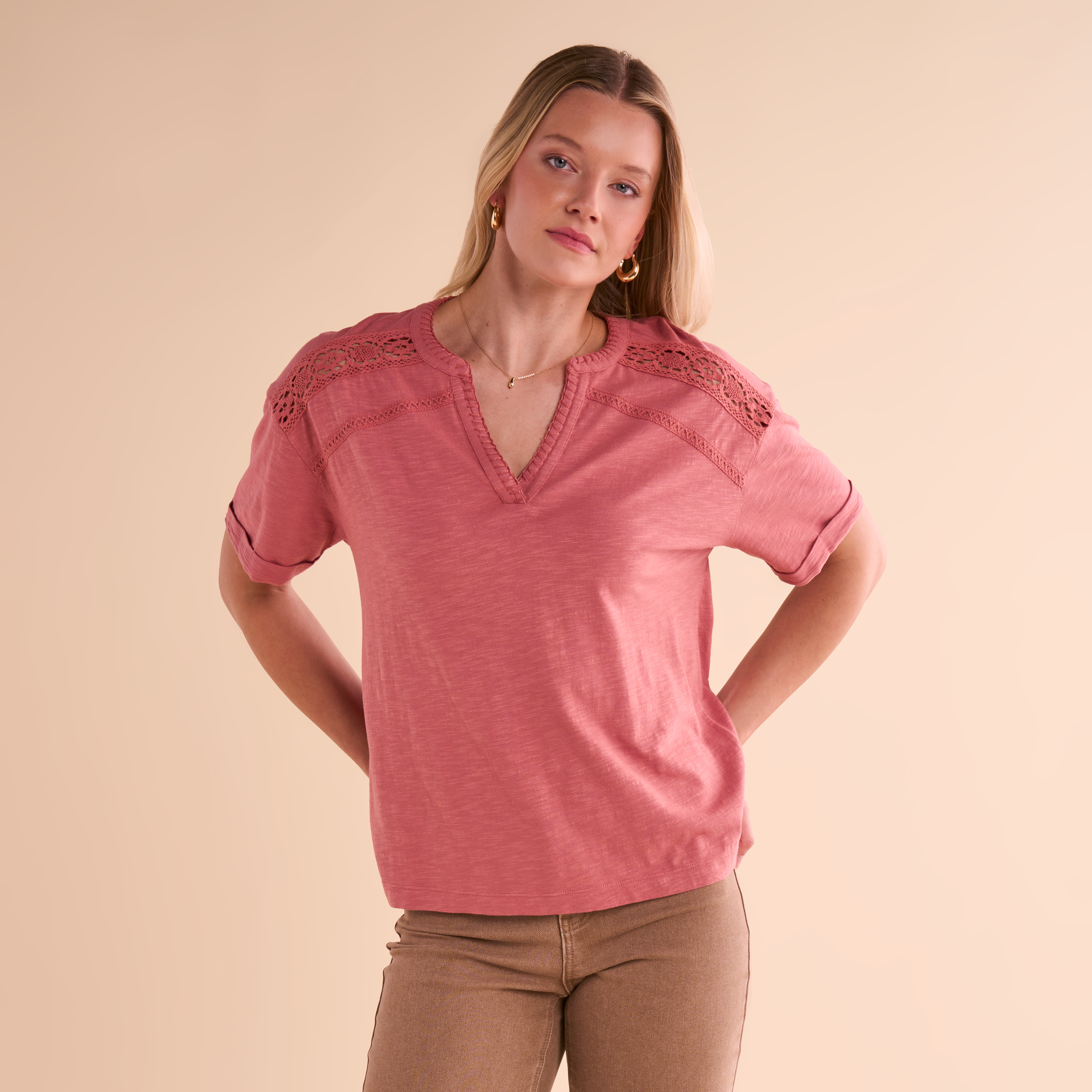 Image of Natural Reflections Crochet Panel V-Neck Short-Sleeve Top - Canyon Rose