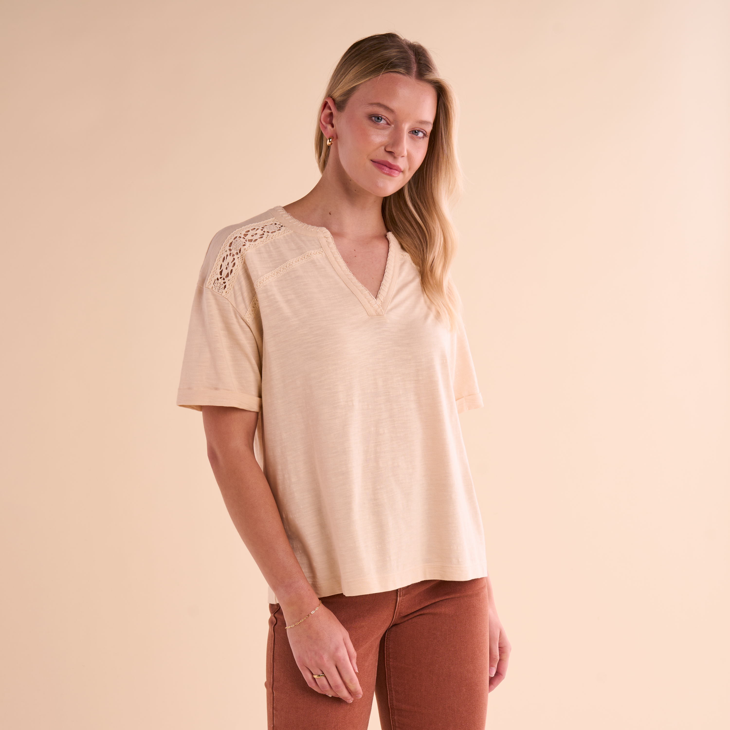 Image of Natural Reflections Crochet Panel V-Neck Short-Sleeve Top