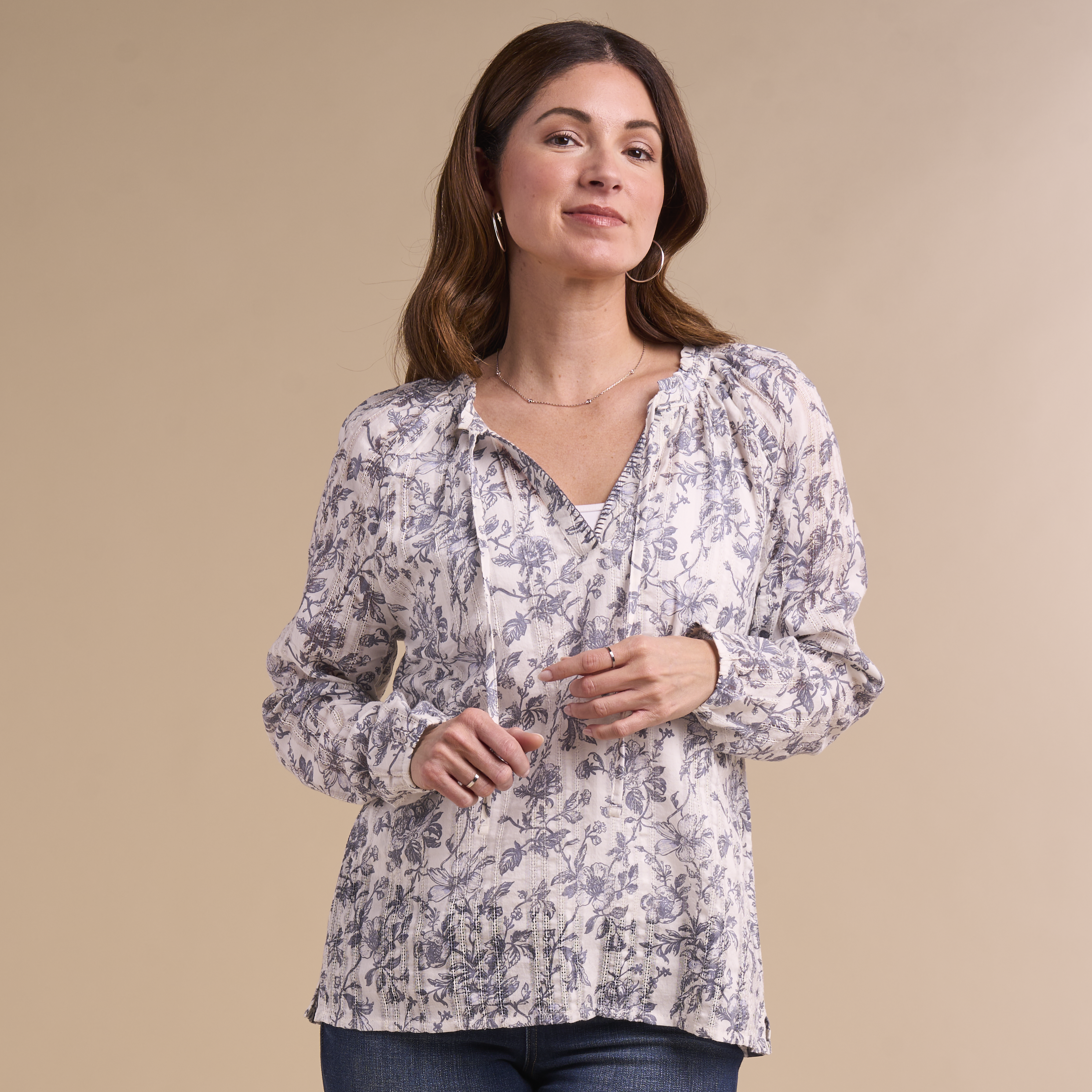Image of Natural Reflections Tie-Neck Long-Sleeve Peasant Shirt