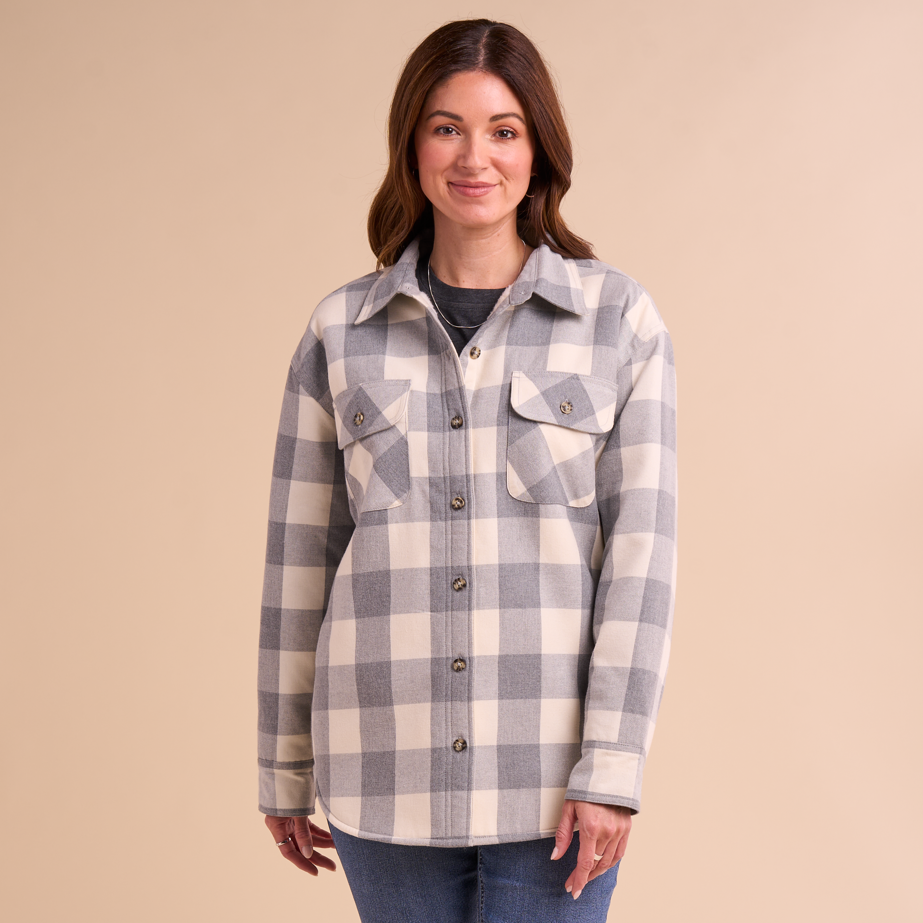 Image of Natural Reflections Sherpa-Lined Flannel Long-Sleeve Shirt - Heather Gray/Egret Buffalo