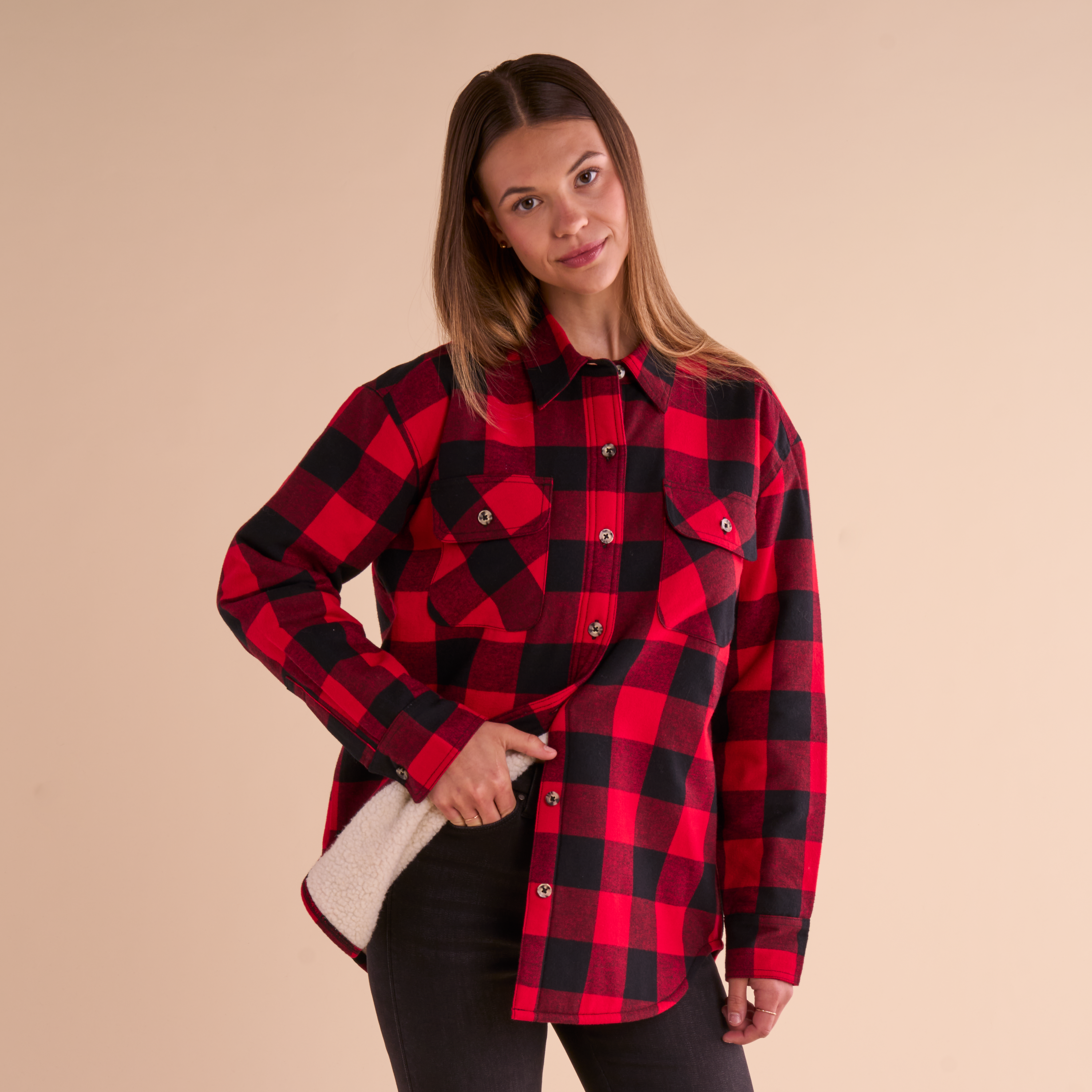 Image of Natural Reflections Sherpa-Lined Flannel Long-Sleeve Shirt - Red/Black Buffalo