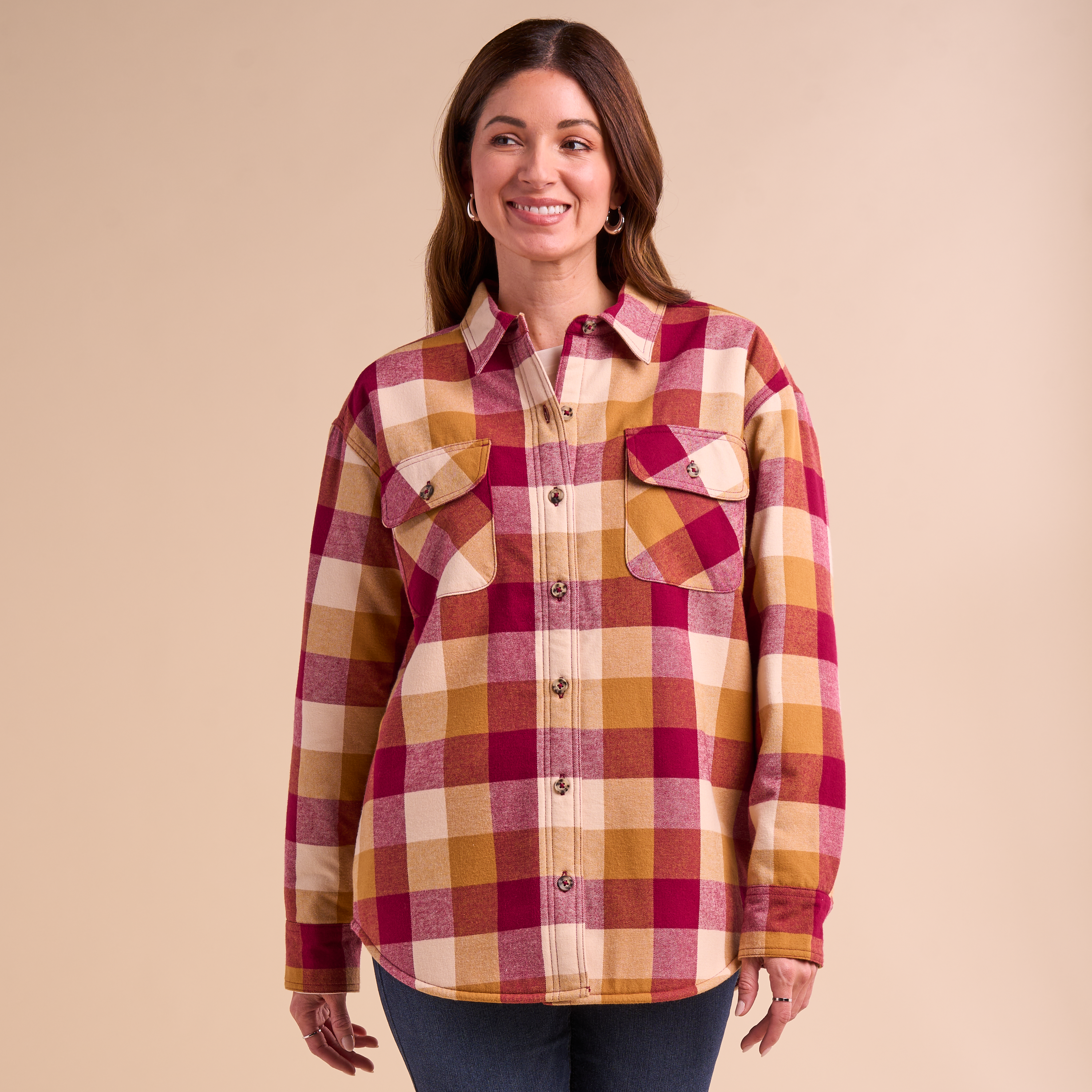 Image of Natural Reflections Sherpa-Lined Flannel Long-Sleeve Shirt - Apple Cinnamon/Anemone Buffalo