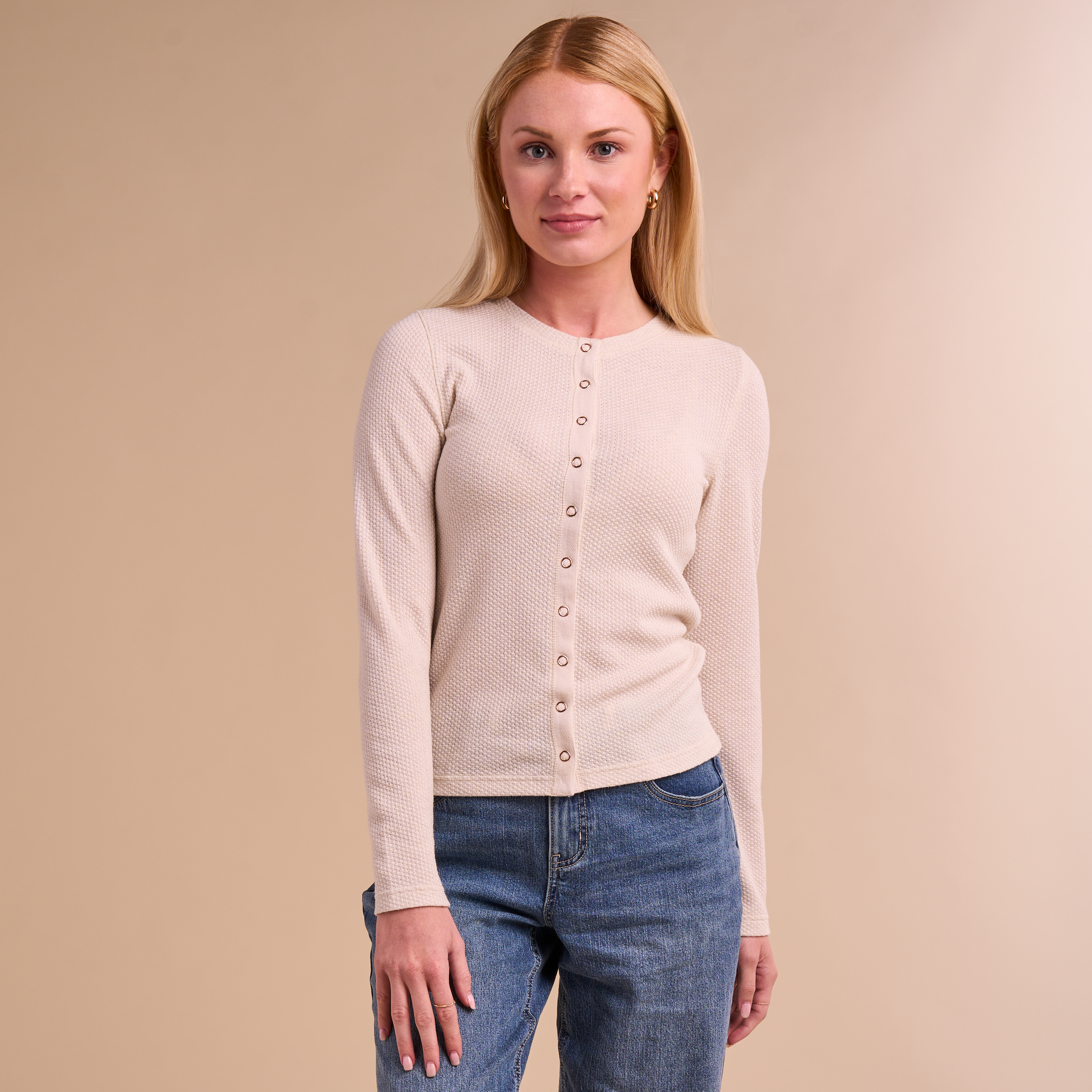 Image of Natural Reflections Timberbrook Waffle-Knit Cardigan - Heather Oatmeal
