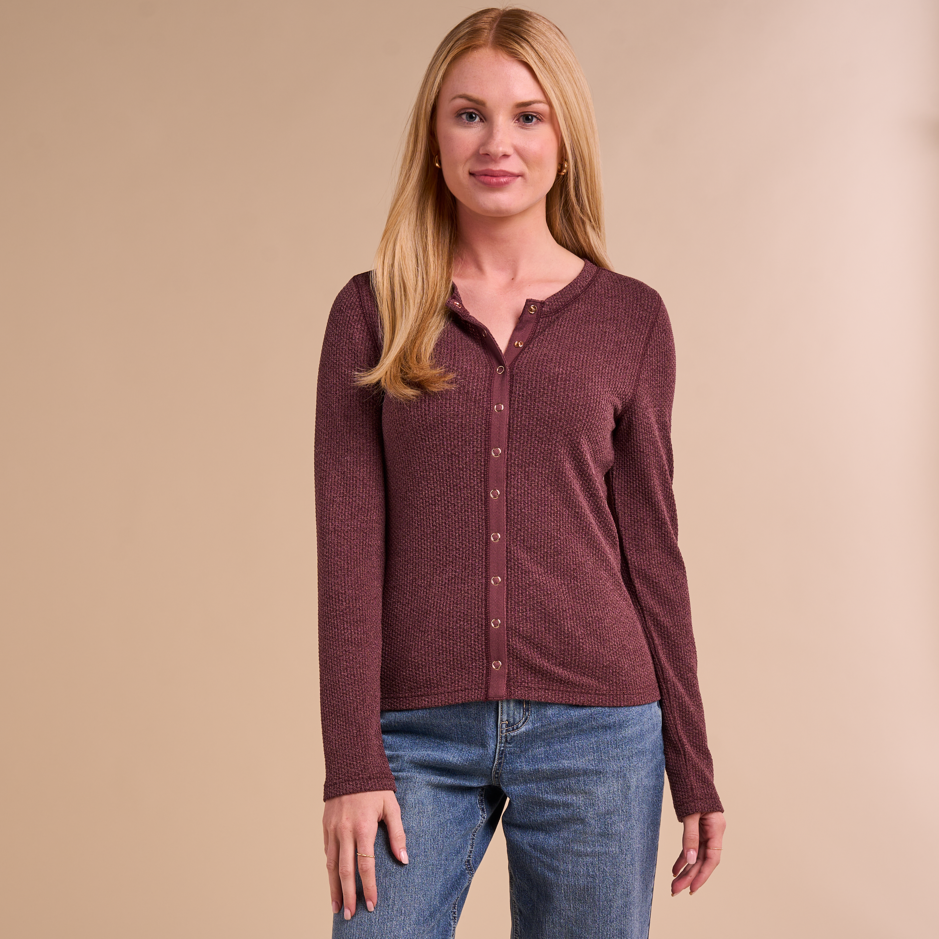 Image of Natural Reflections Timberbrook Waffle-Knit Cardigan - Vineyard Wine