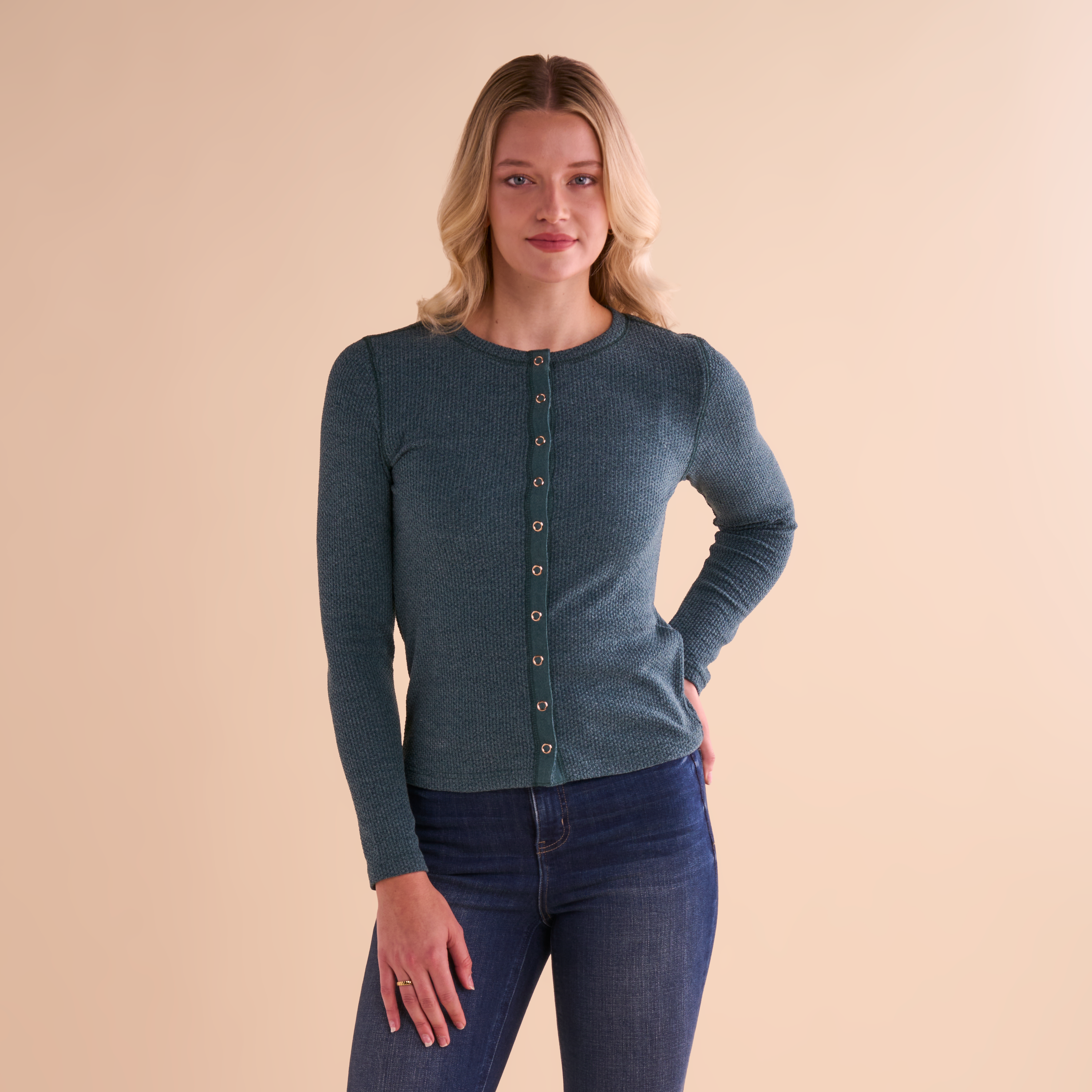 Image of Natural Reflections Timberbrook Waffle-Knit Cardigan - Mediterranea