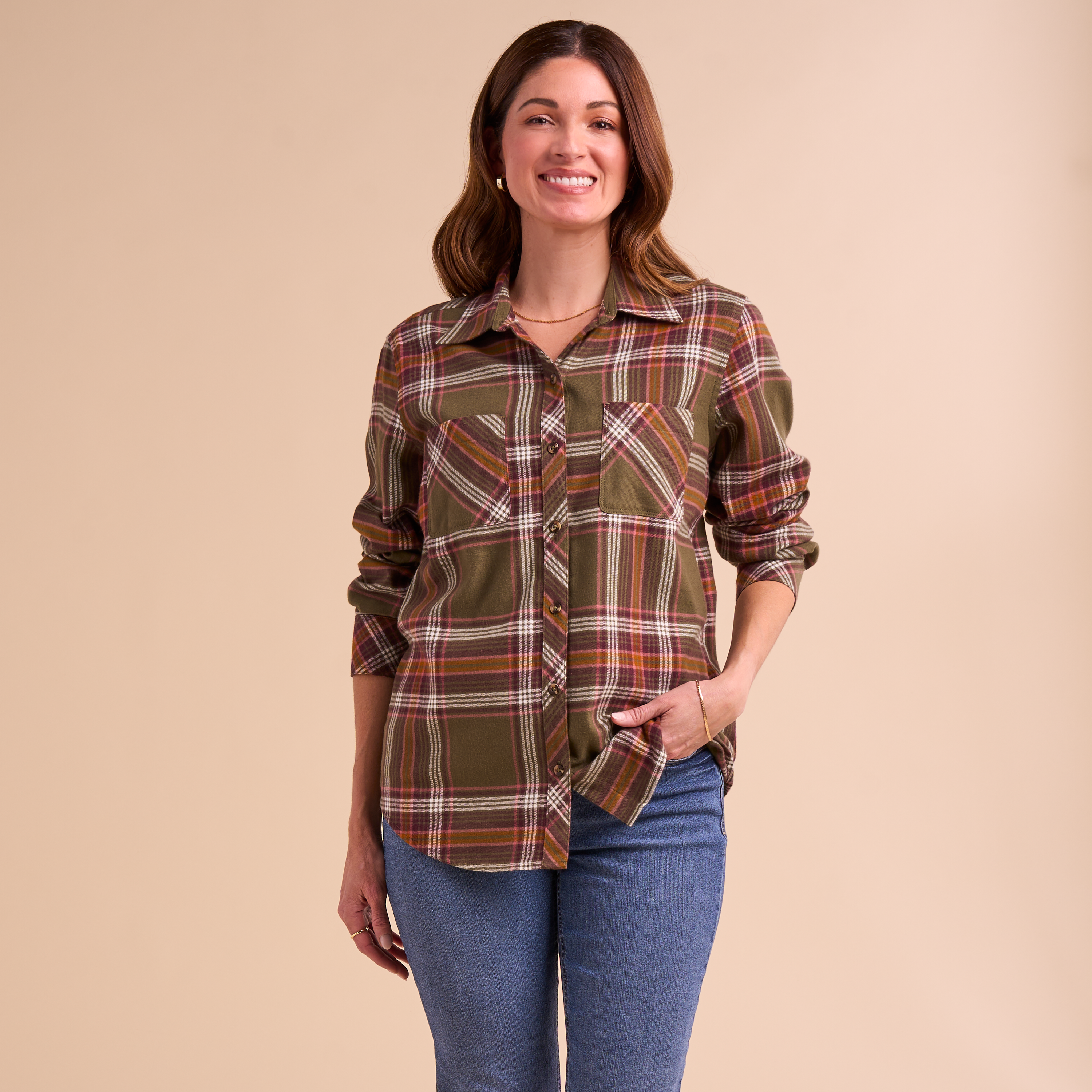 Image of Natural Reflections Cane Creek Flannel Long-Sleeve Shirt - Burnt Olive Plaid