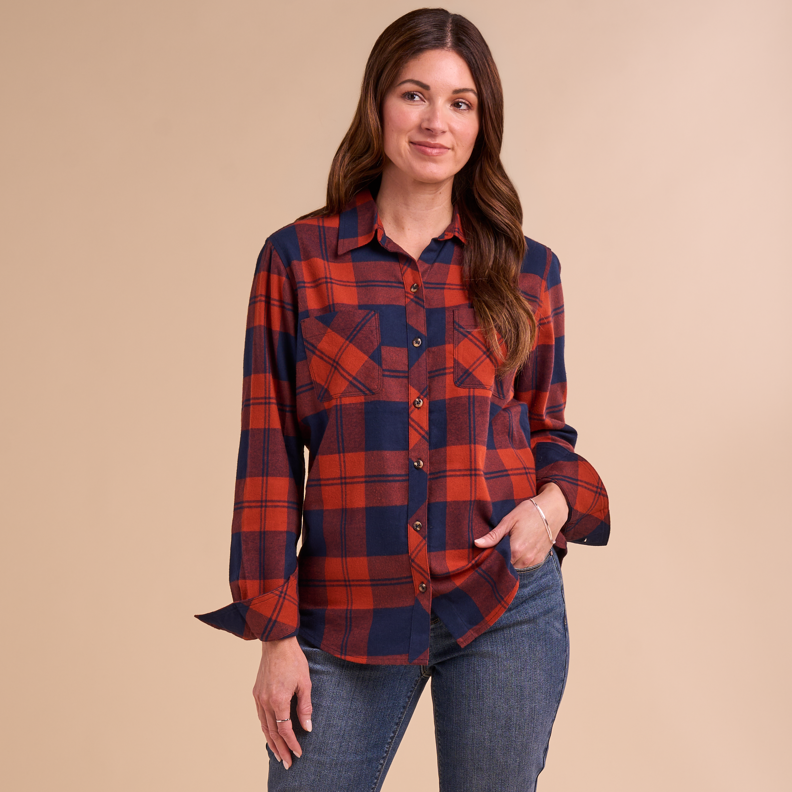 Image of Natural Reflections Cane Creek Flannel Long-Sleeve Shirt - Navy Blazer Plaid