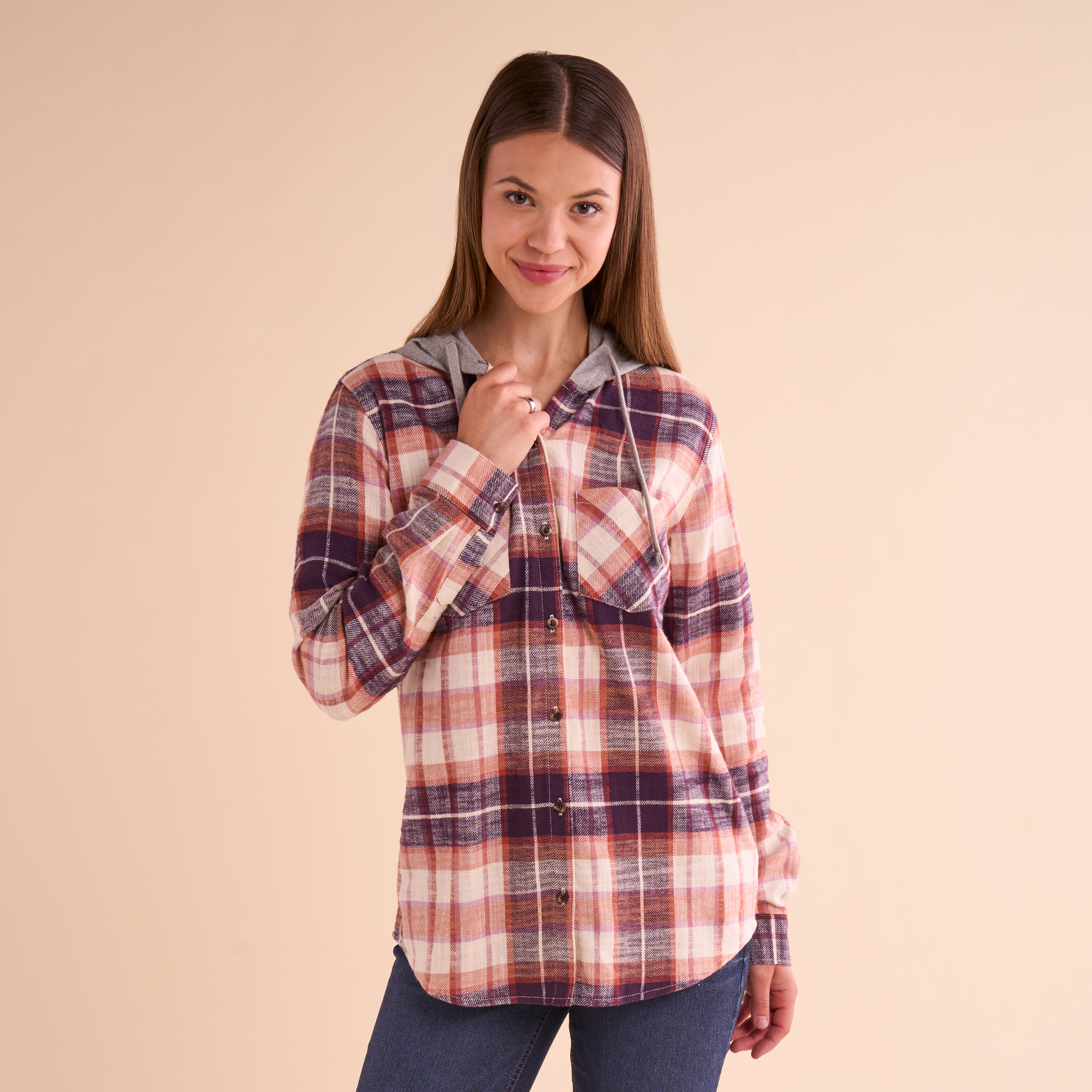 Natural Reflections Hooded Flannel Long-Sleeve Shirt - Plum Clay Plaid