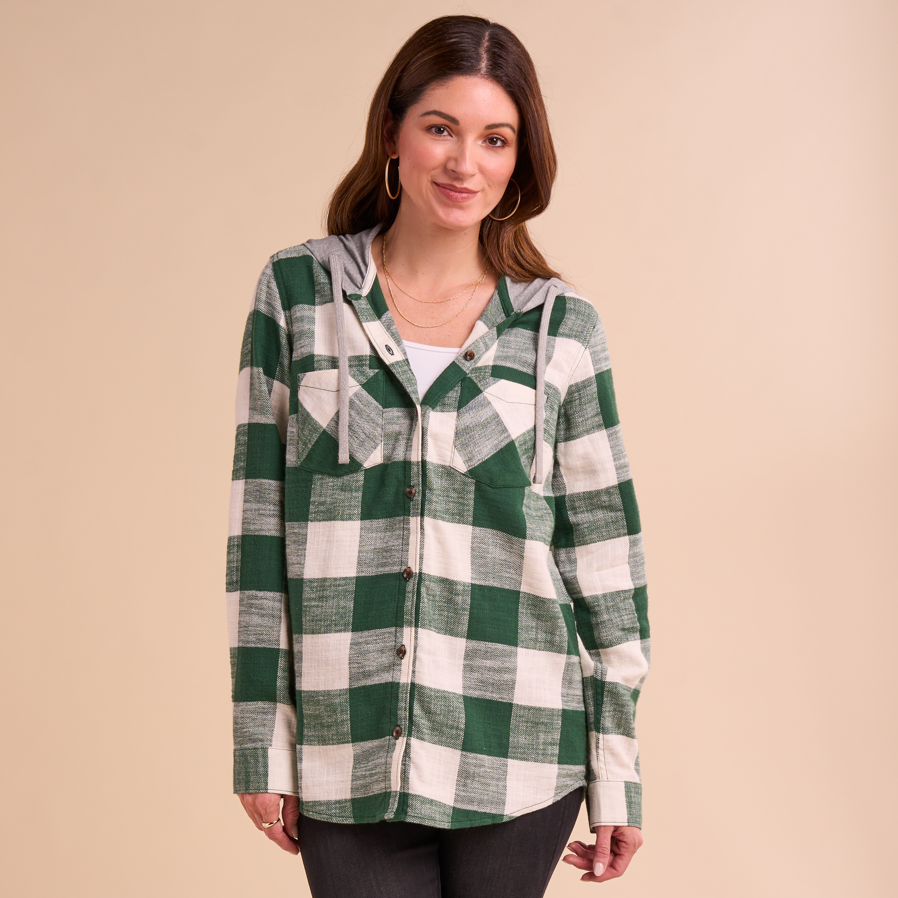 Natural Reflections Hooded Flannel Long-Sleeve Shirt - Pineneedle Check