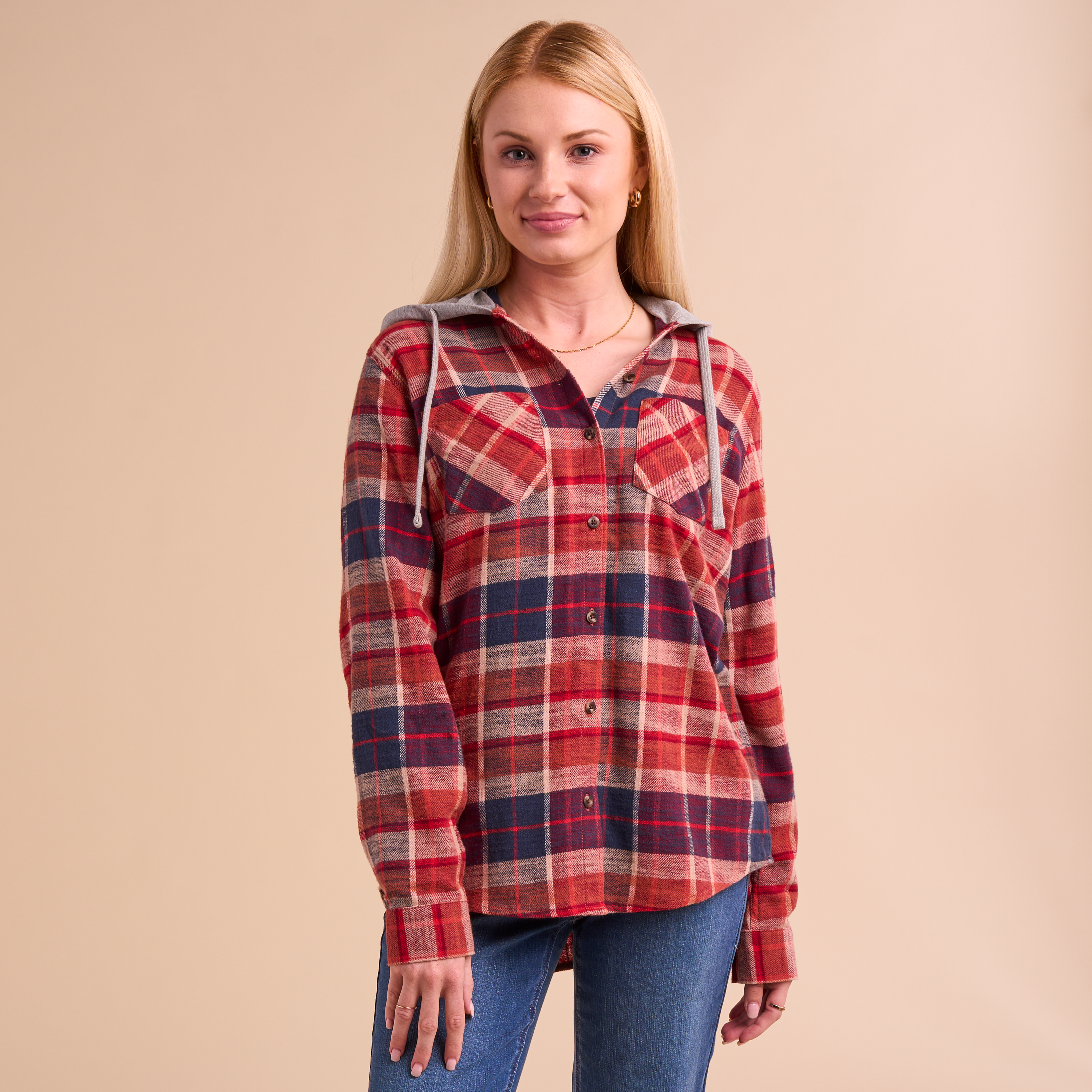 Image of Natural Reflections Hooded Flannel Long-Sleeve Shirt - Baked Red Plaid