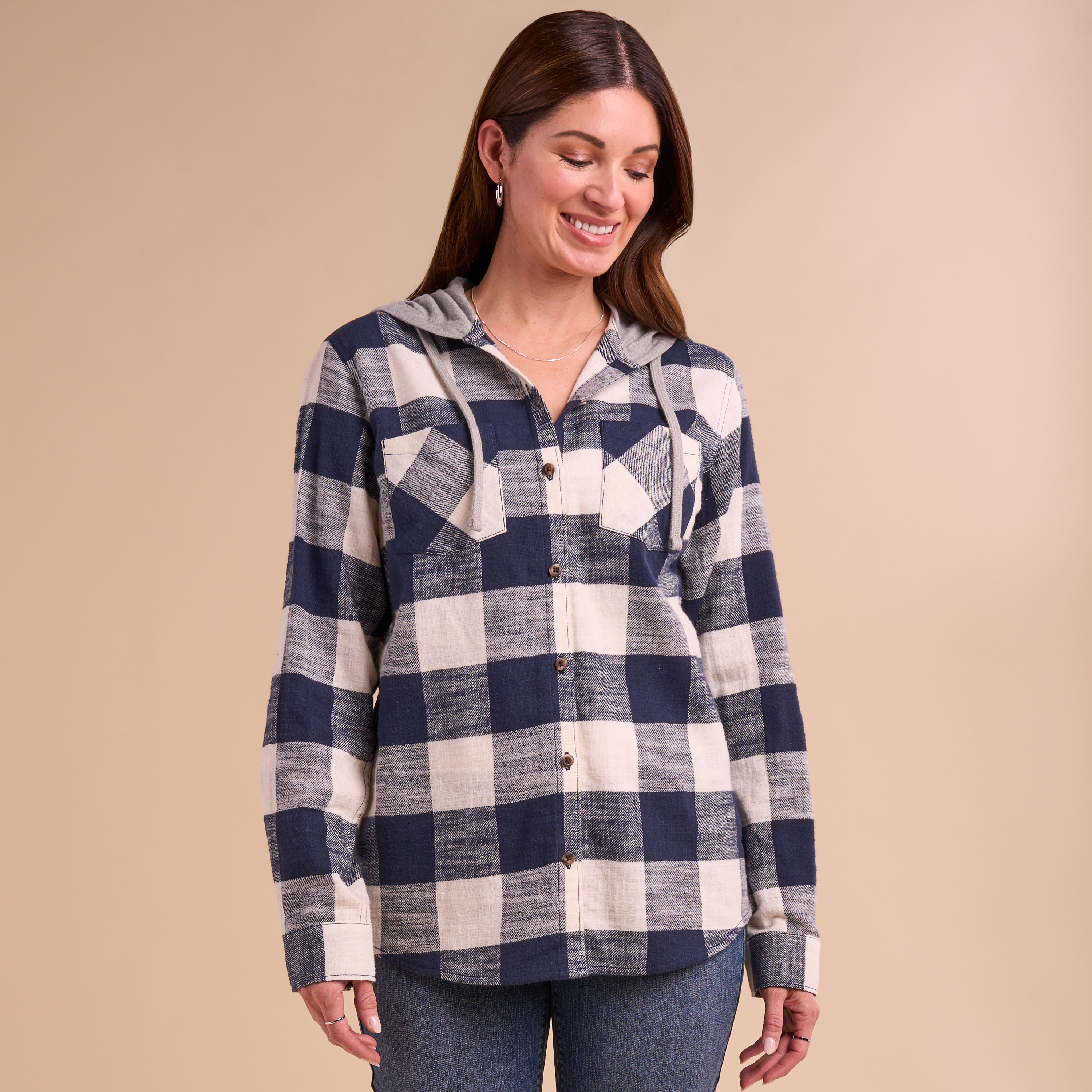 Image of Natural Reflections Hooded Flannel Long-Sleeve Shirt - Dress Blues Check