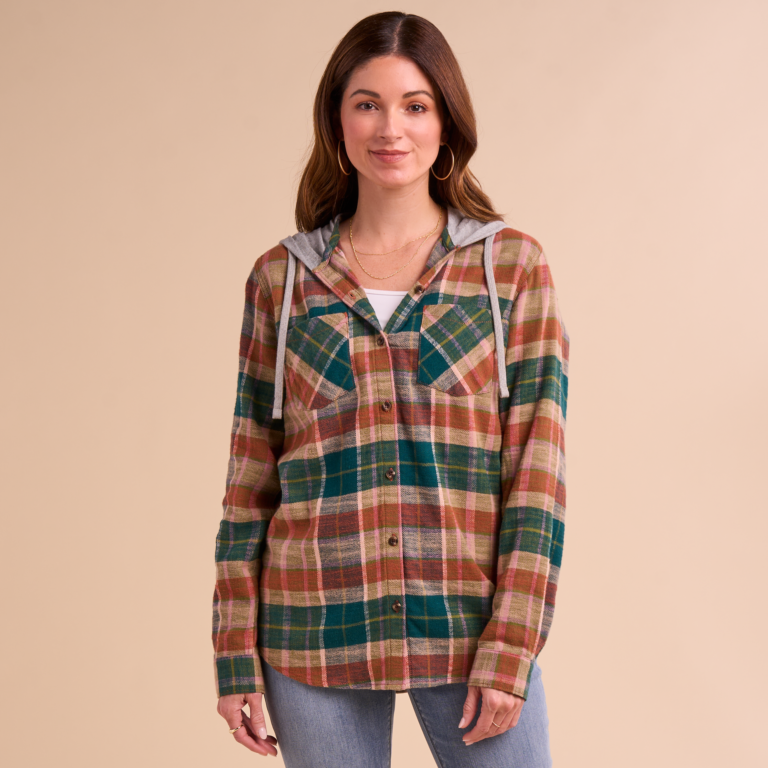 Image of Natural Reflections Hooded Flannel Long-Sleeve Shirt - Clay Olive Plaid