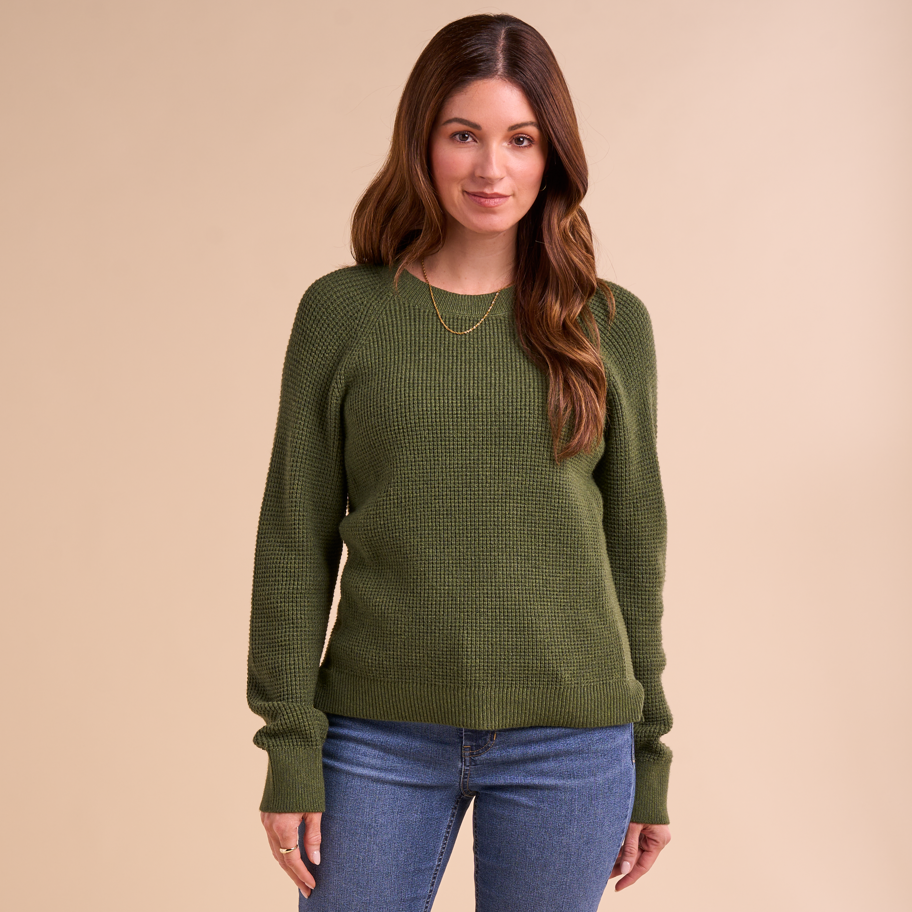 Image of Natural Reflections Rutledge Waffle-Knit Crew-Neck Long-Sleeve Shirt - Rifle Green