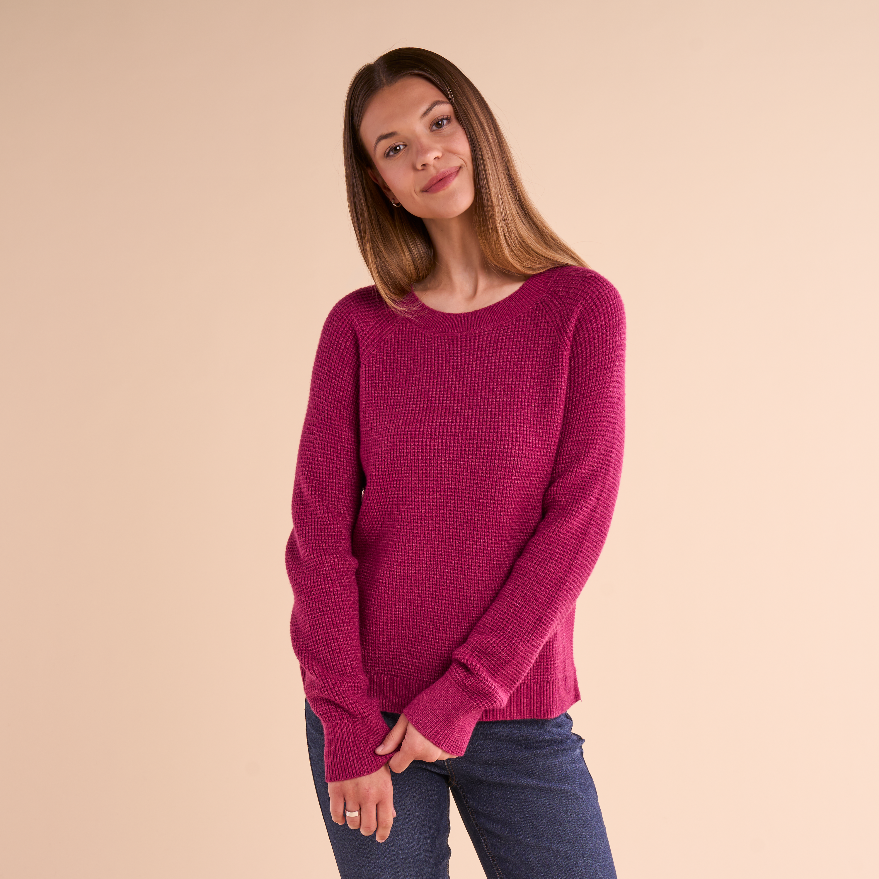 Image of Natural Reflections Rutledge Waffle-Knit Crew-Neck Long-Sleeve Shirt - Magenta