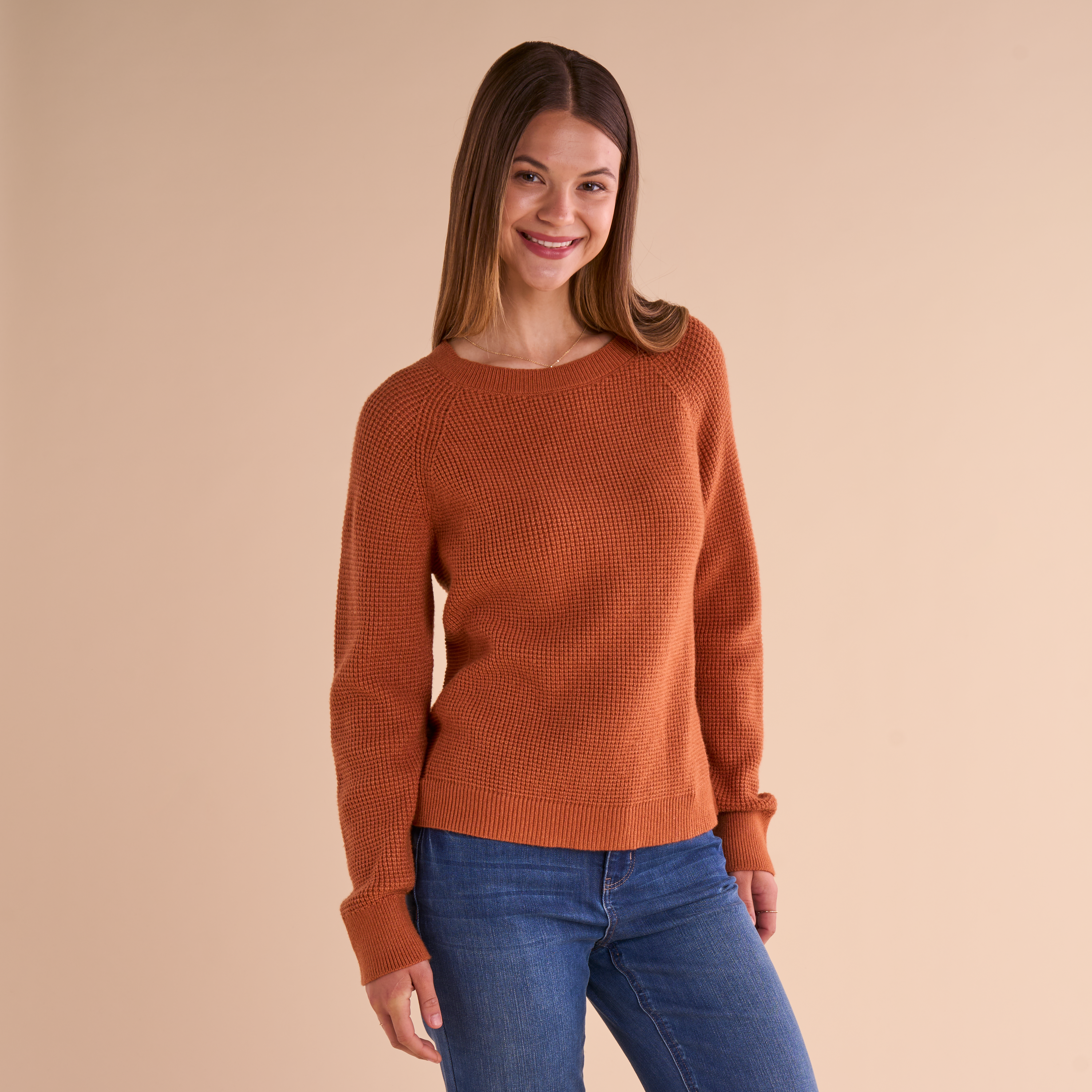 Image of Natural Reflections Rutledge Waffle-Knit Crew-Neck Long-Sleeve Shirt - Glazed Ginger