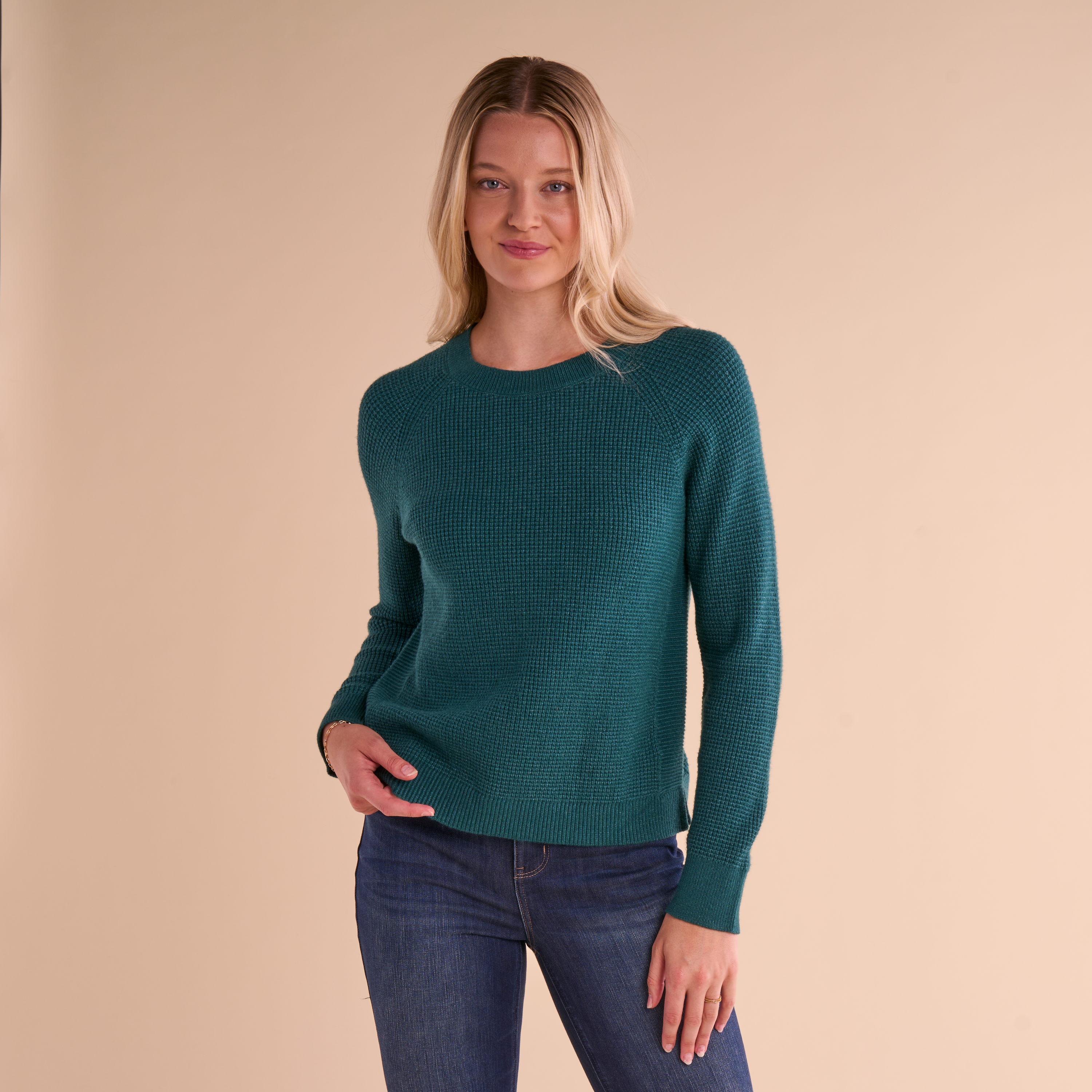 Image of Natural Reflections Rutledge Waffle-Knit Crew-Neck Long-Sleeve Shirt - Mediterranea