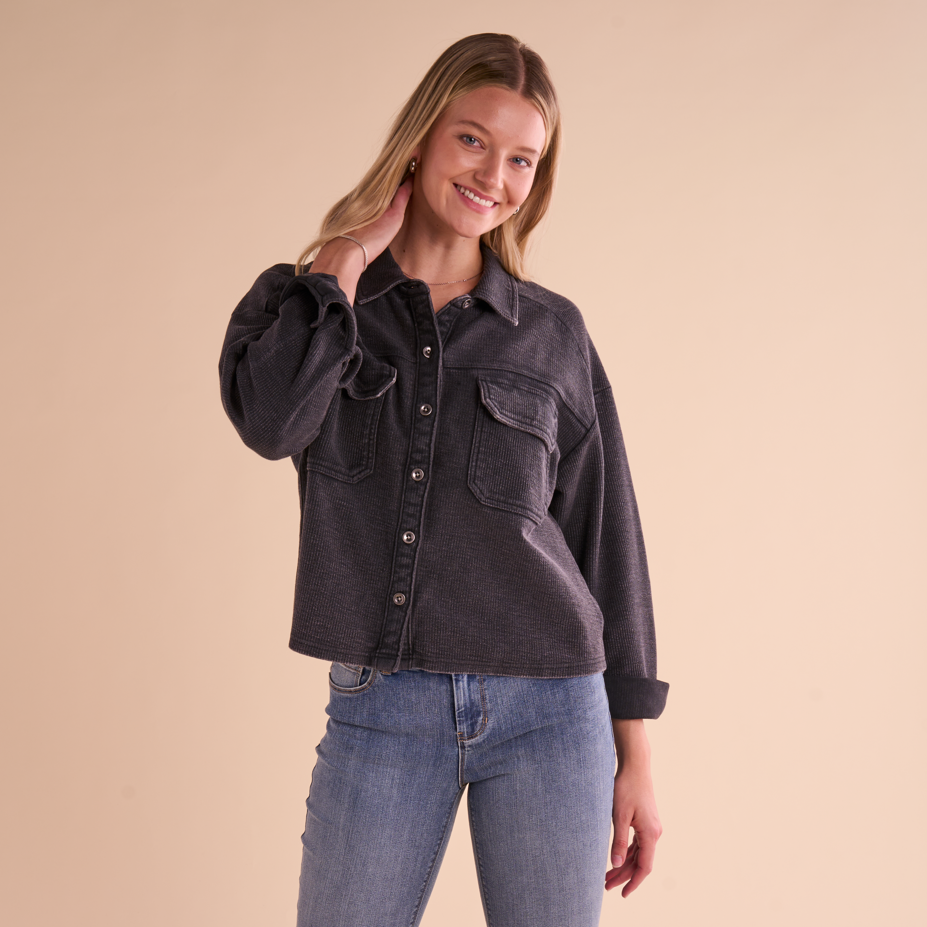 Image of Natural Reflections Rib-Knit Shirt Jacket - Anthracite