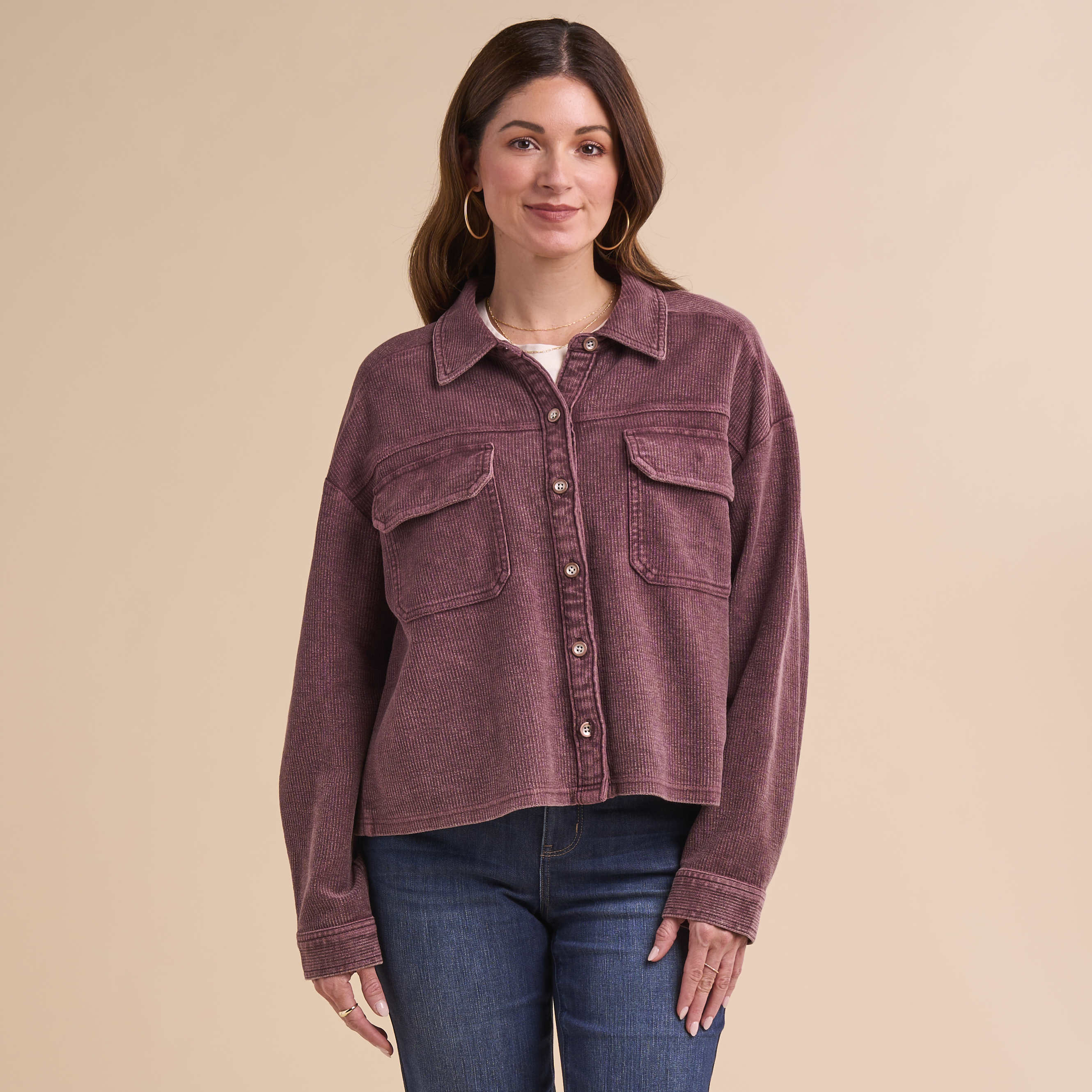 Image of Natural Reflections Rib-Knit Shirt Jacket - Vineyard Wine