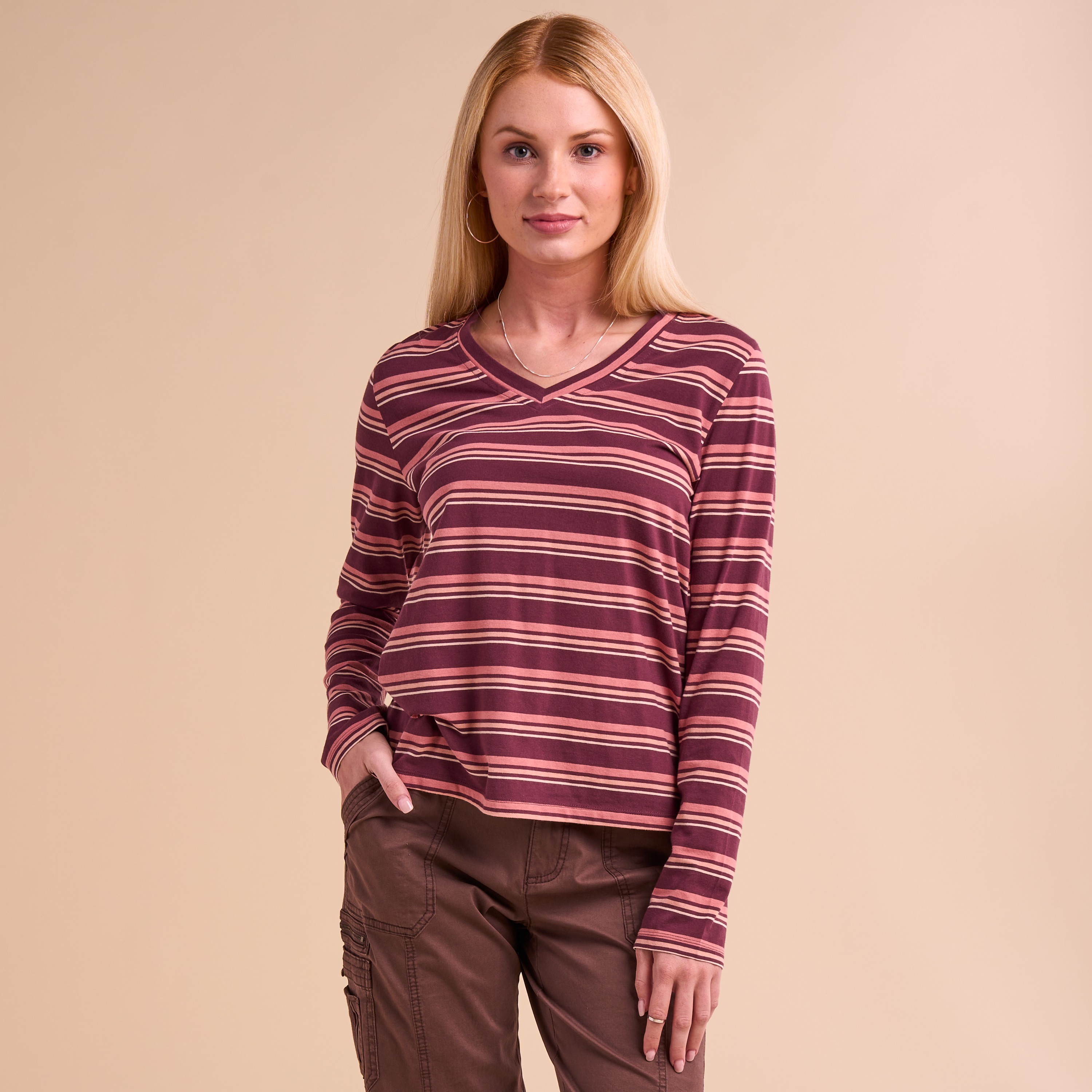 Image of Natural Reflections Everyday V-Neck Long-Sleeve T-Shirt - Vineyard Wine Stripe