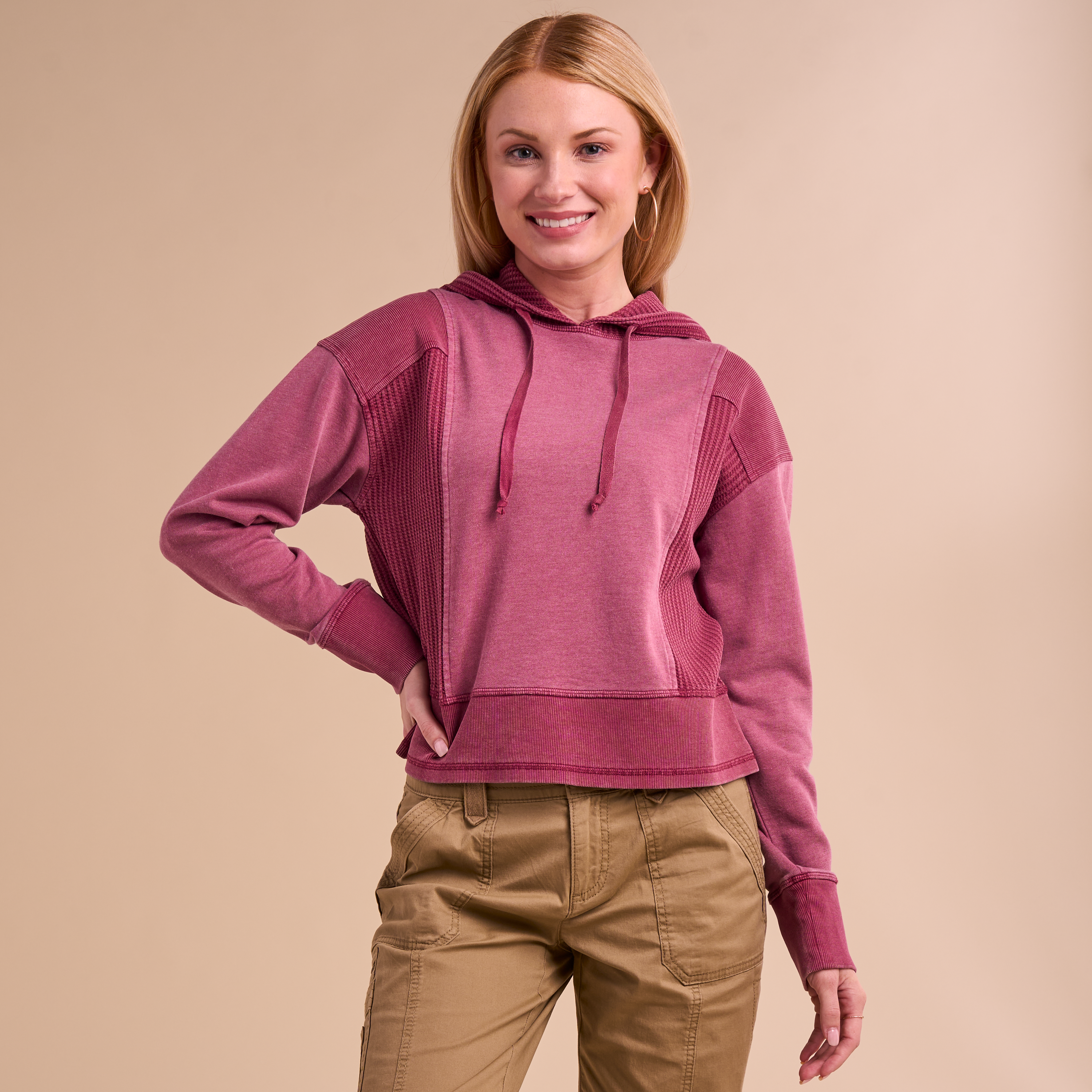 Image of Natural Reflections Timberbrook Washed Waffle-Knit Hoodie - Rhododendron