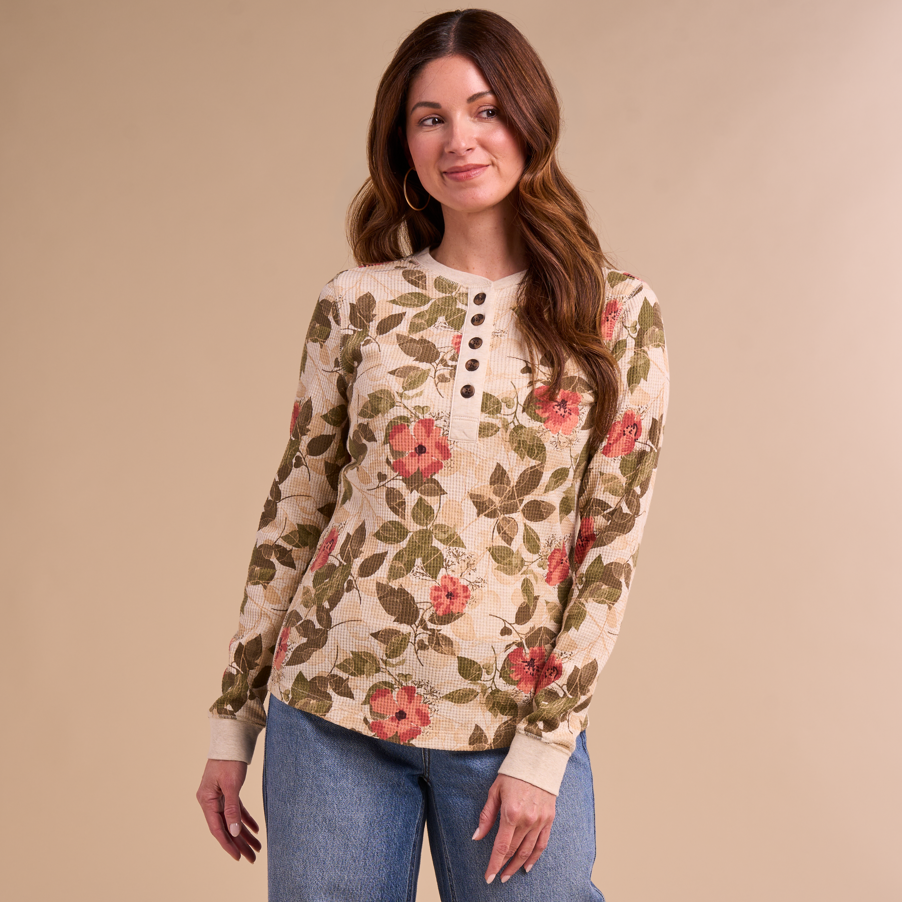 Image of Natural Reflections Timberbrook Thermal Long-Sleeve Henley - Oatmeal Floral