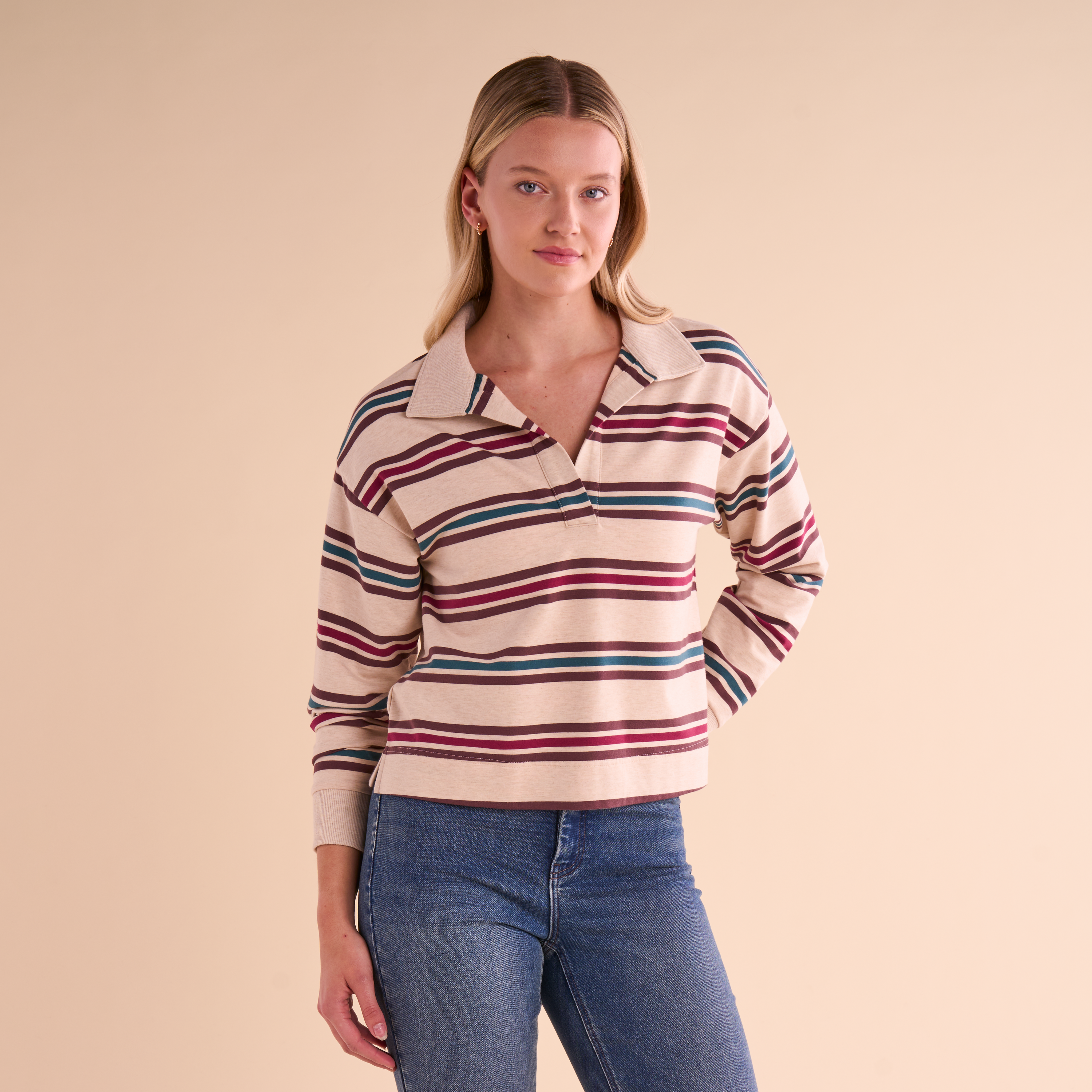 Image of Natural Reflections Sierra Long-Sleeve Polo Shirt - Oatmeal Stripe