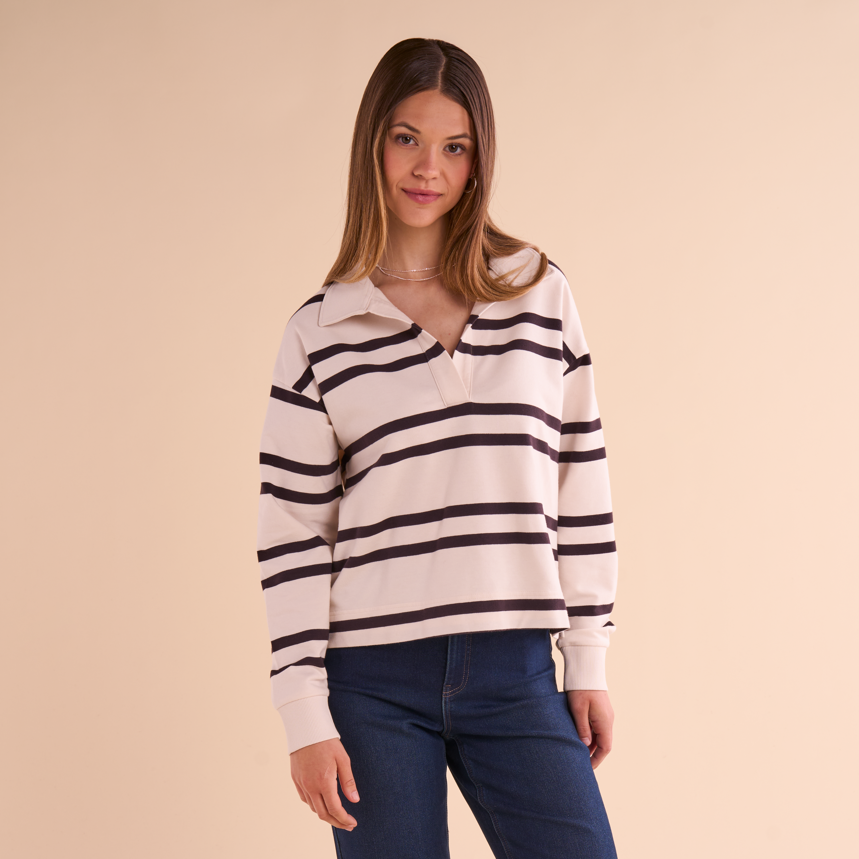 Image of Natural Reflections Wanderer Long-Sleeve Polo Shirt - Egret Stripe