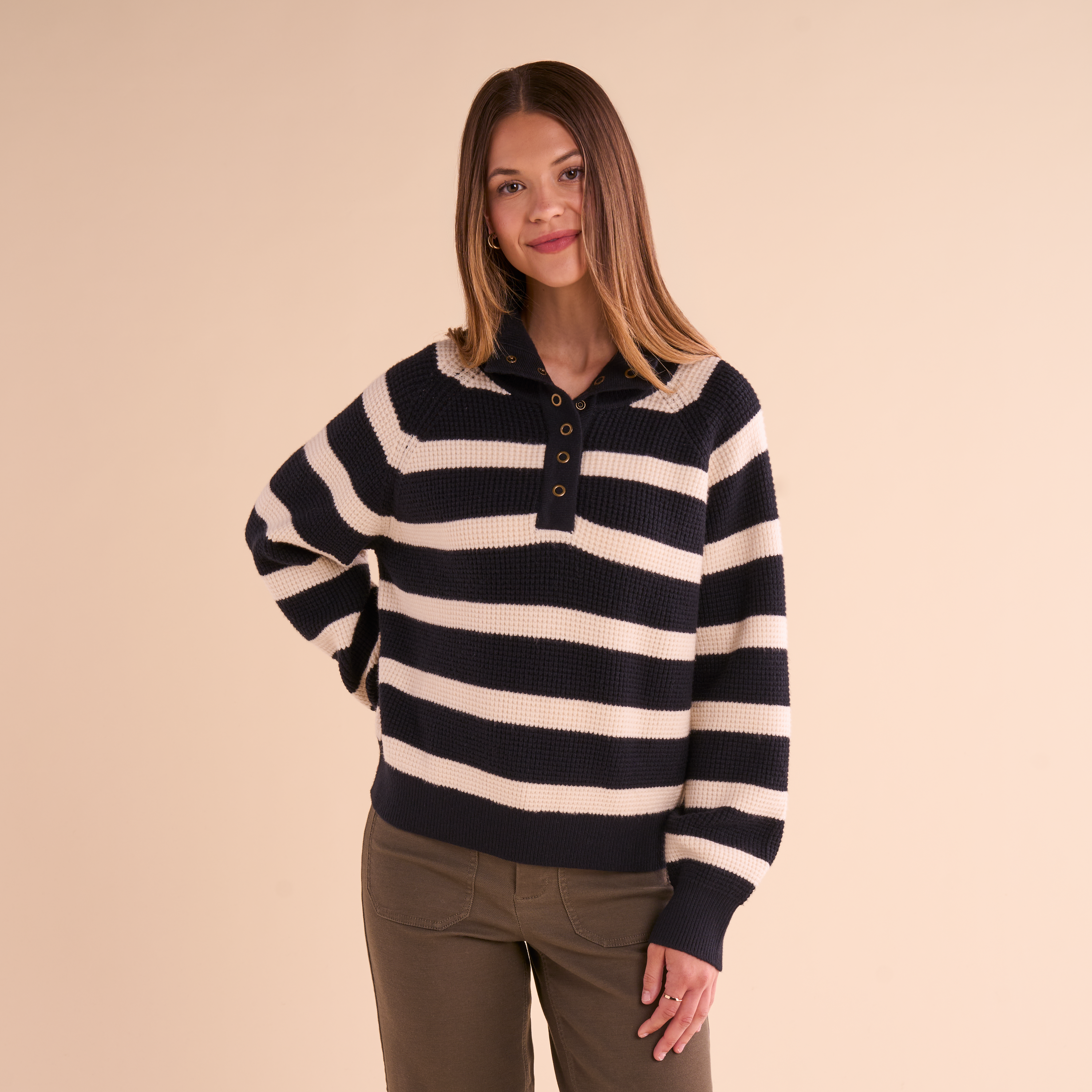 Image of Natural Reflections Striped Henley Sweater - Anthracite/Egret
