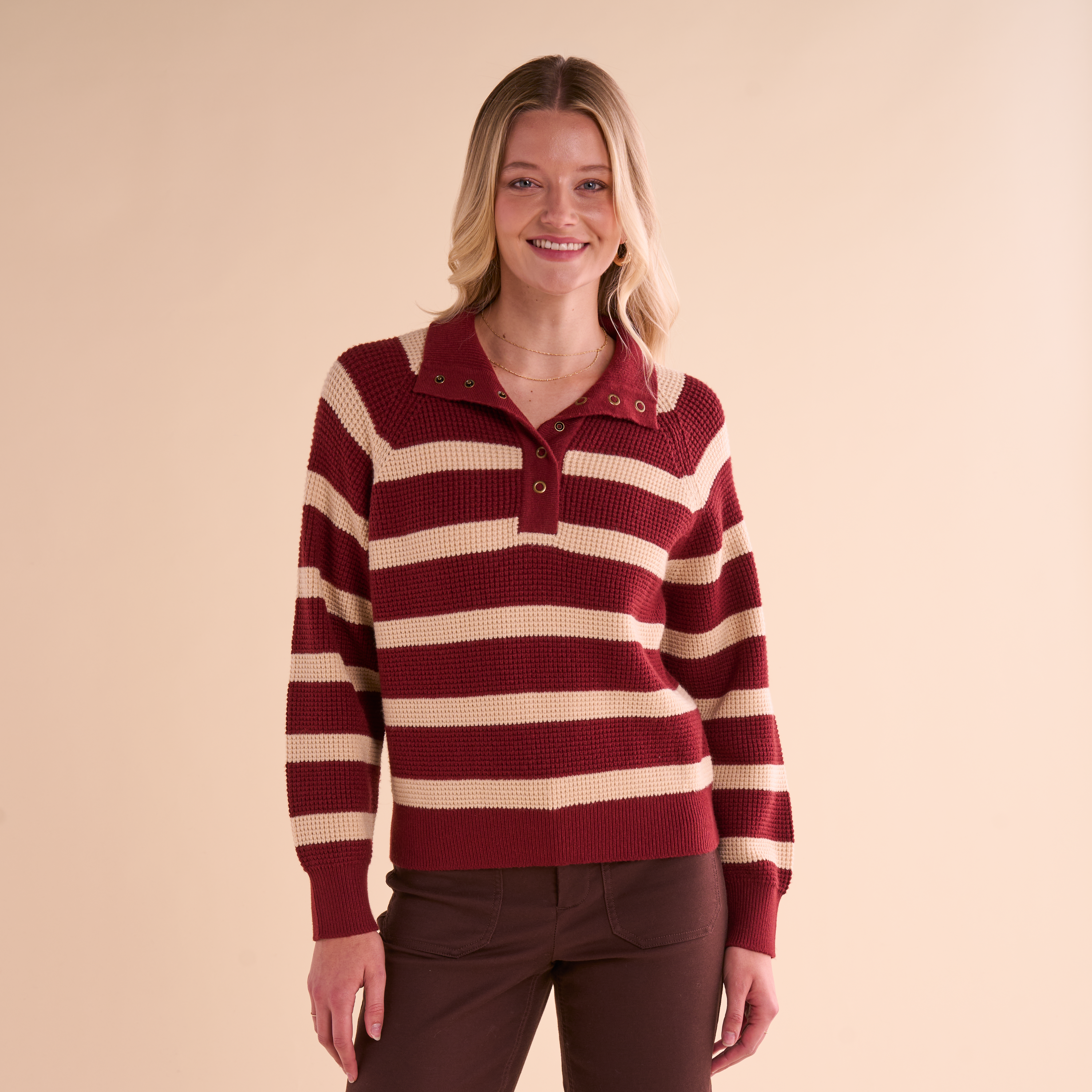 Image of Natural Reflections Striped Henley Sweater - Creme Brulee/Fired Brick