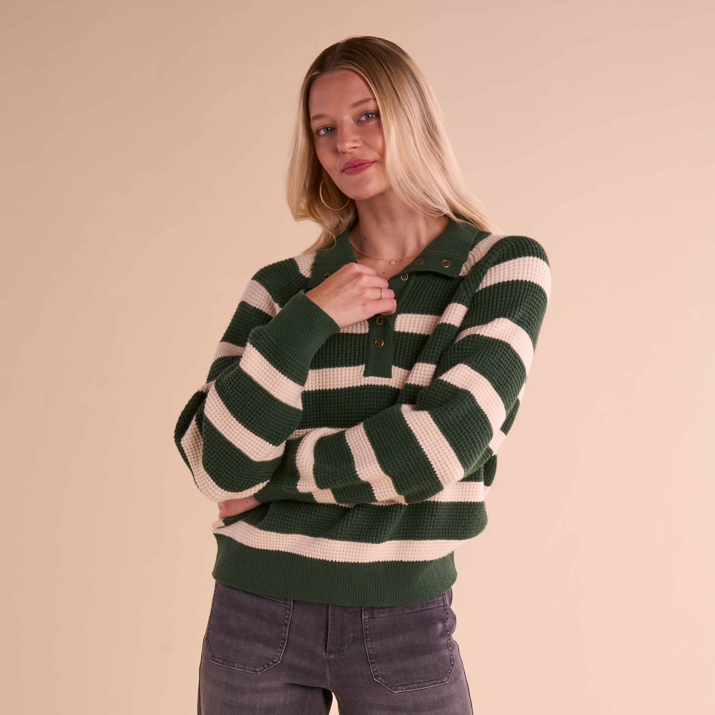 Image of Natural Reflections Striped Henley Sweater - Eggnogg/Pineneedle