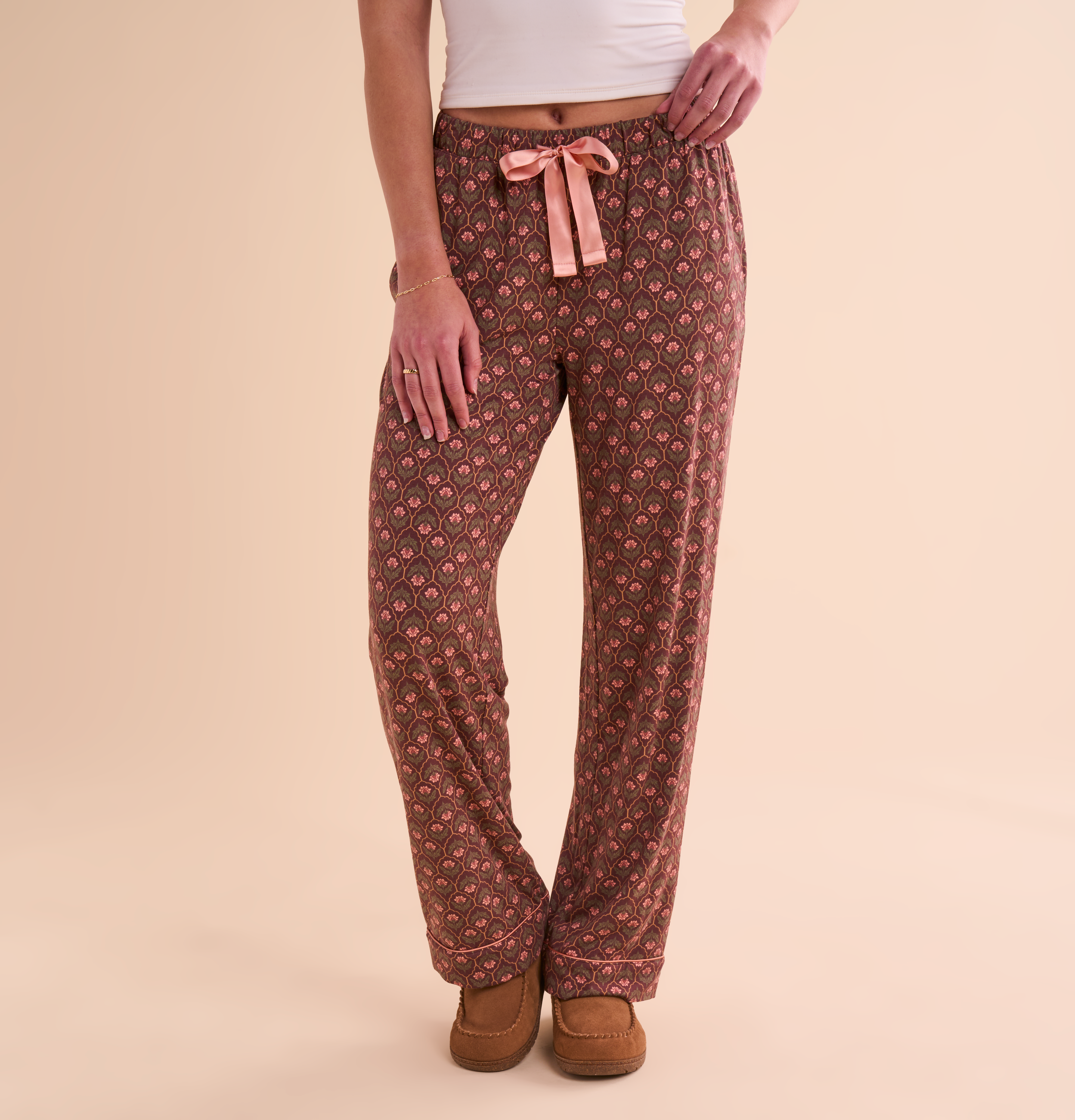 Image of Natural Reflections Soft Knit Drawstring Pajama Pants - French Roast Floral