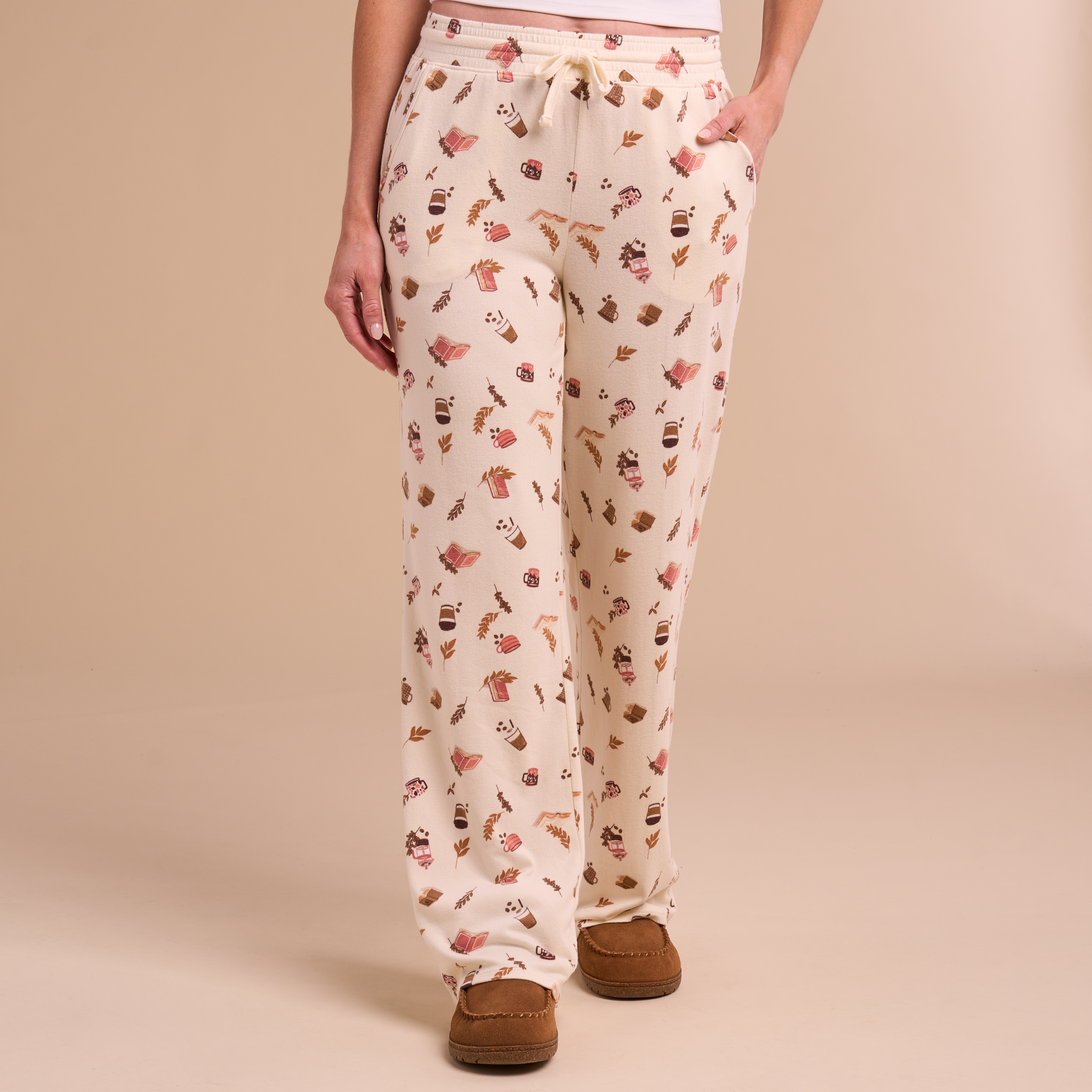 Image of Natural Reflections Coffee Print Drawstring Pajama Pants - Macadamia