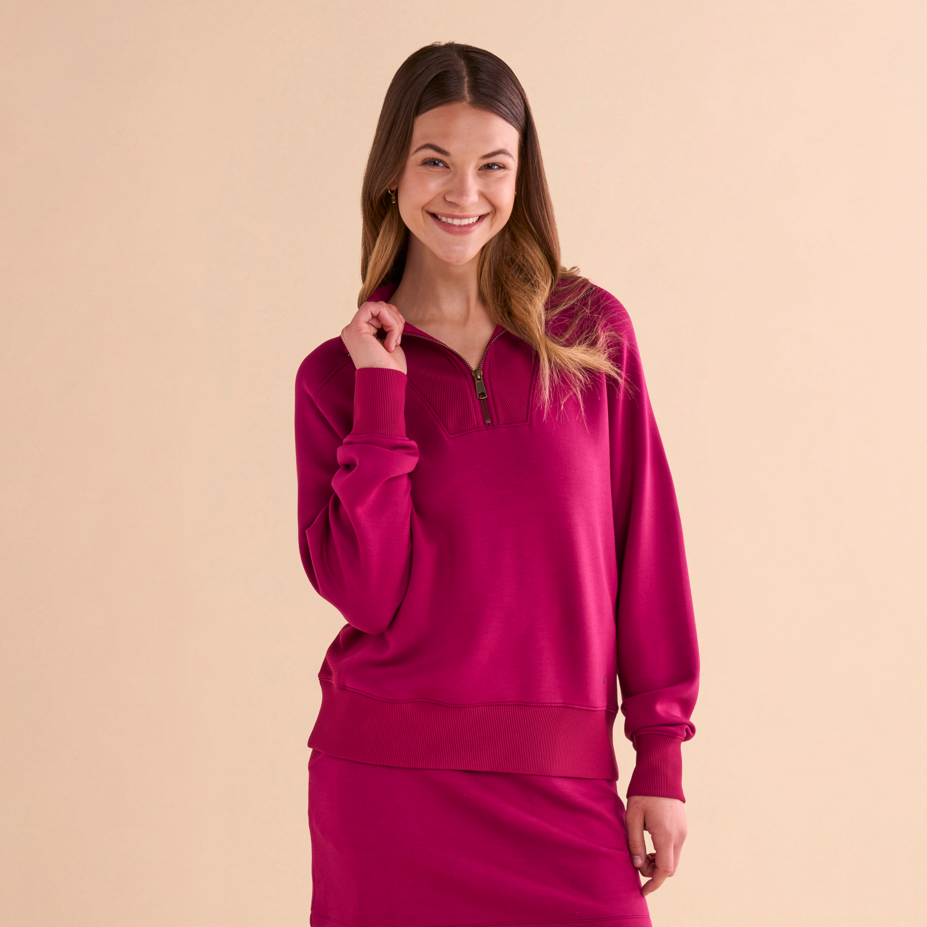 Image of Natural Reflections Soft Haven Scuba Quarter-Zip Long-Sleeve Pullover - Beaujolais