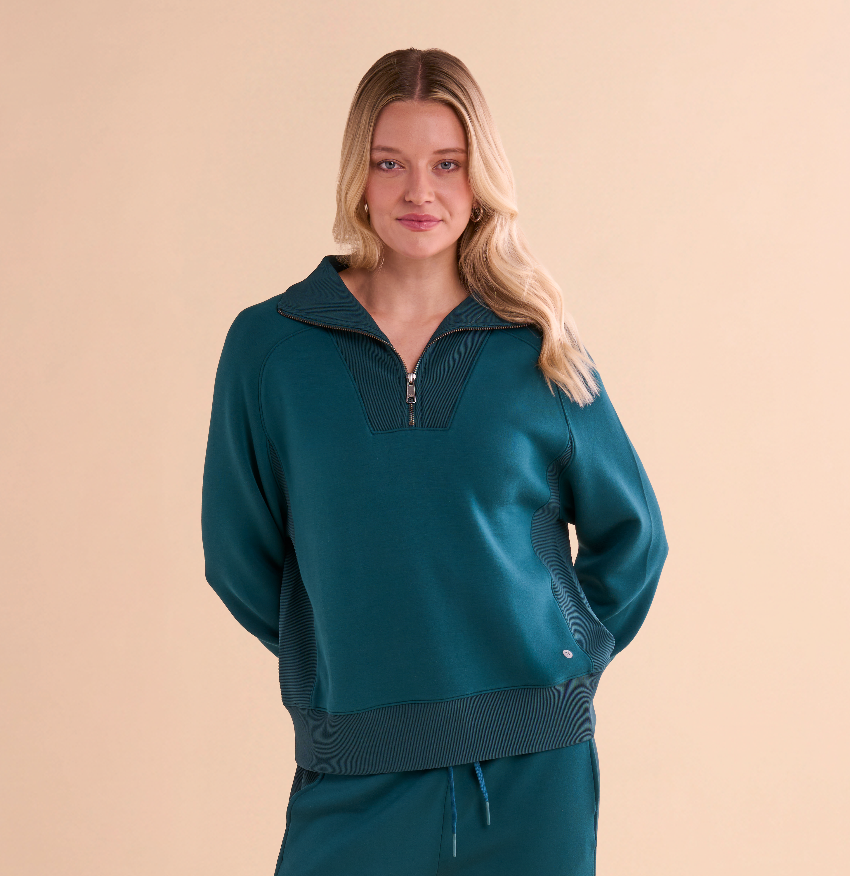 Image of Natural Reflections Soft Haven Scuba Quarter-Zip Long-Sleeve Pullover - Deep Teal