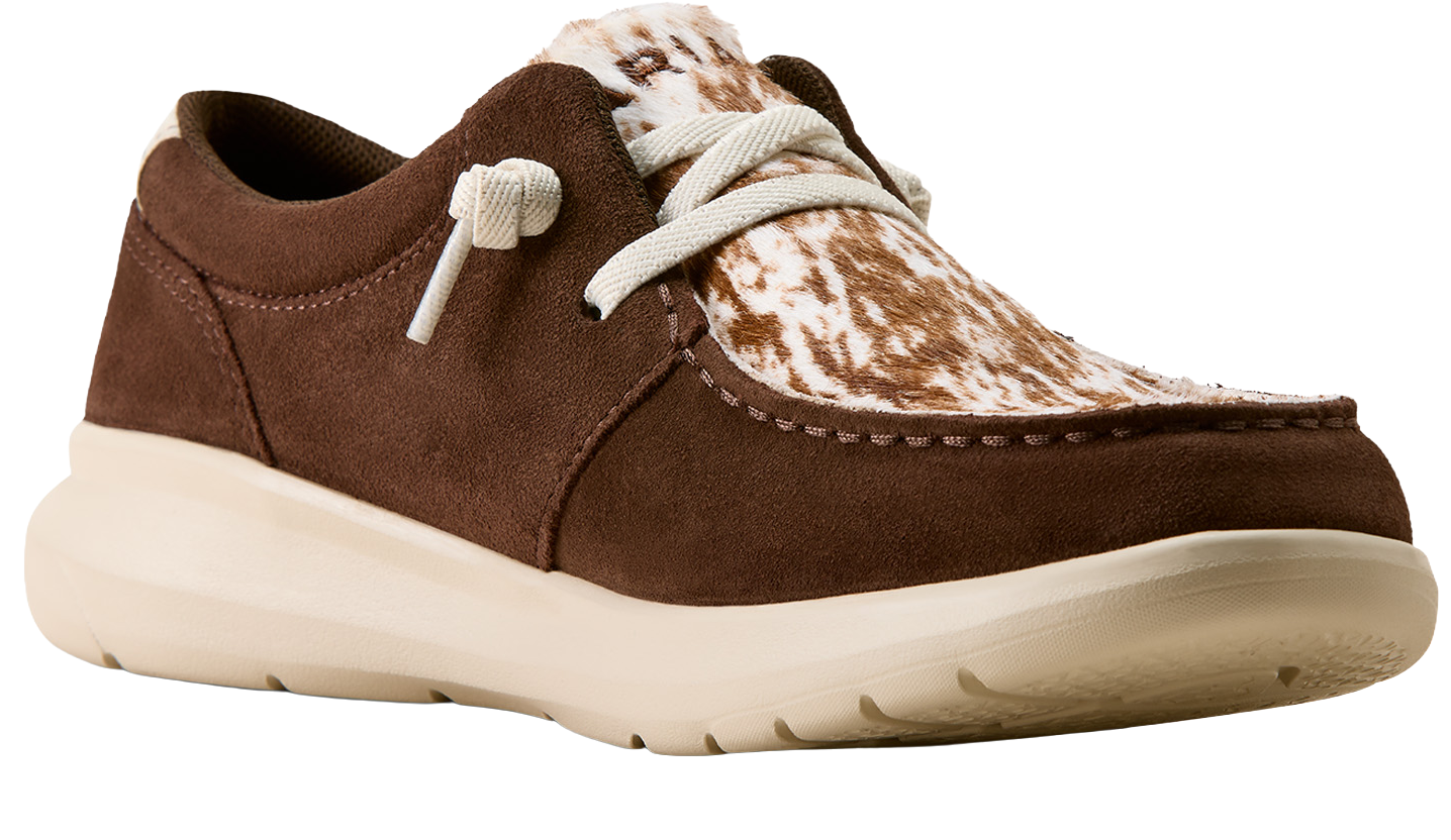 Image of Ariat Hilo Cow Print Hair-On-Hide Moc-Toe Shoes for Women - Coffee Bean Suede
