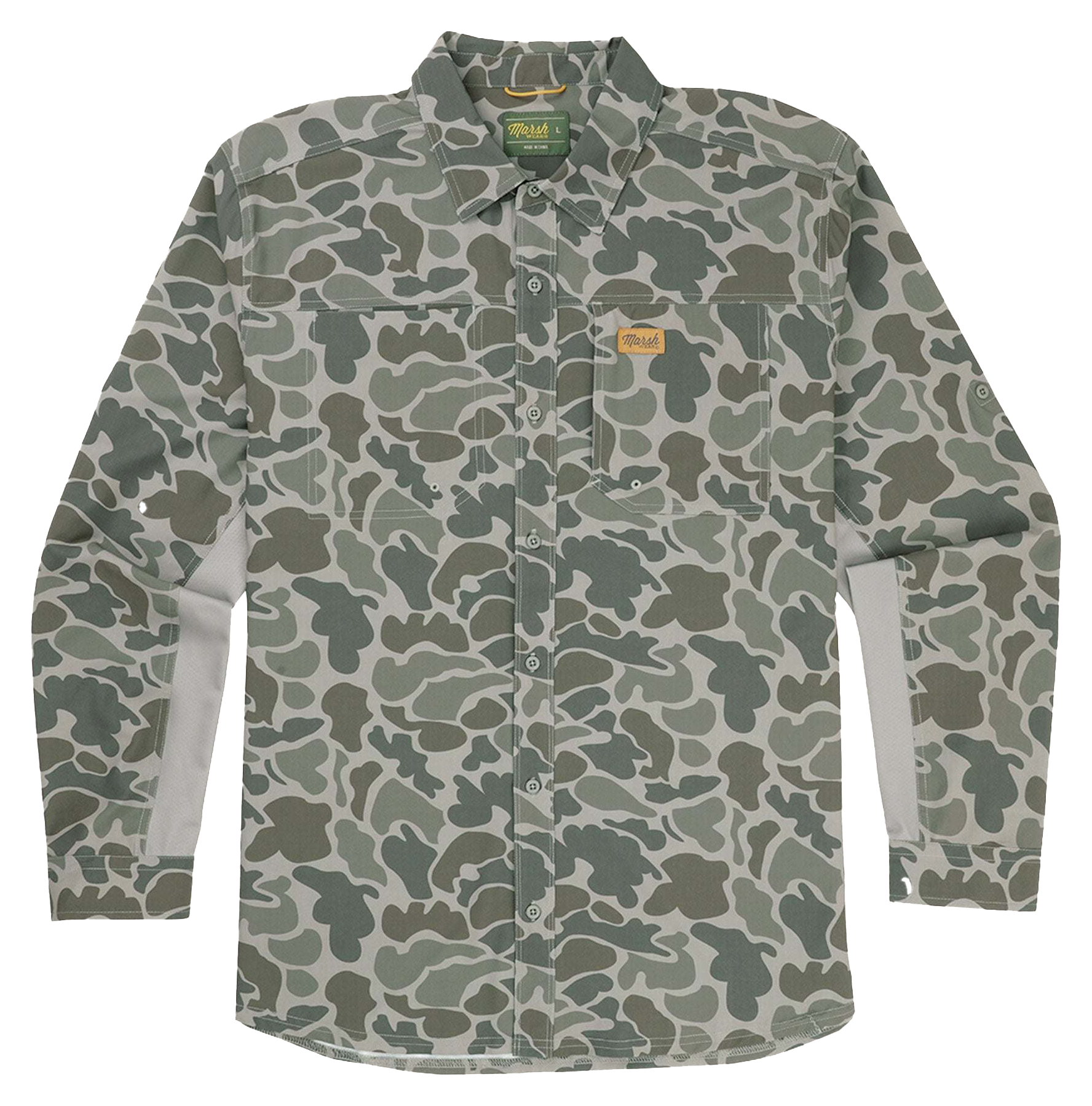 Image of Marsh Wear Lenwood Hagood Long-Sleeve Button-Down Shirt - Dark Green Mallard Camo