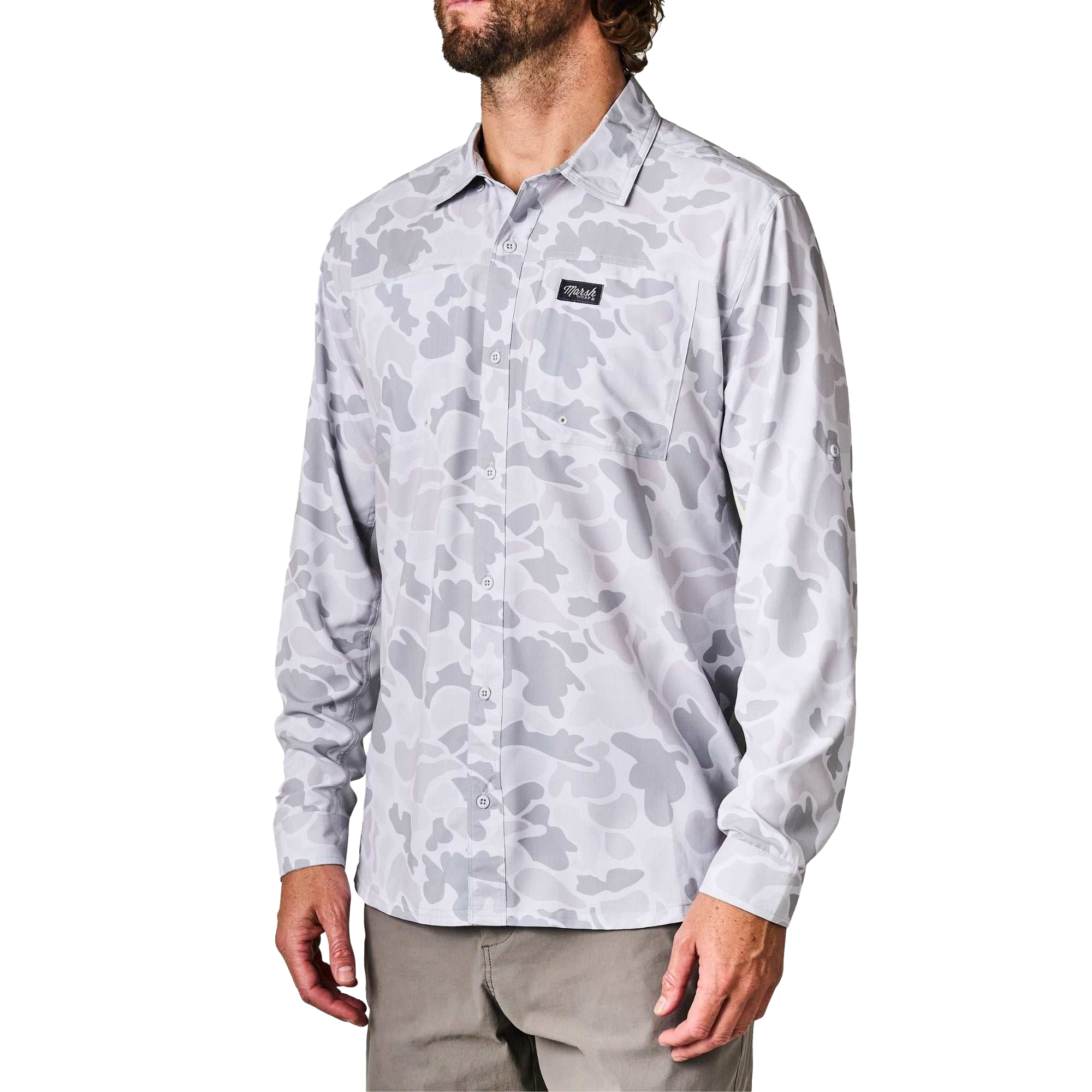 Image of Marsh Wear Lenwood Hagood Long-Sleeve Button-Down Shirt - Gray Mallard Camo