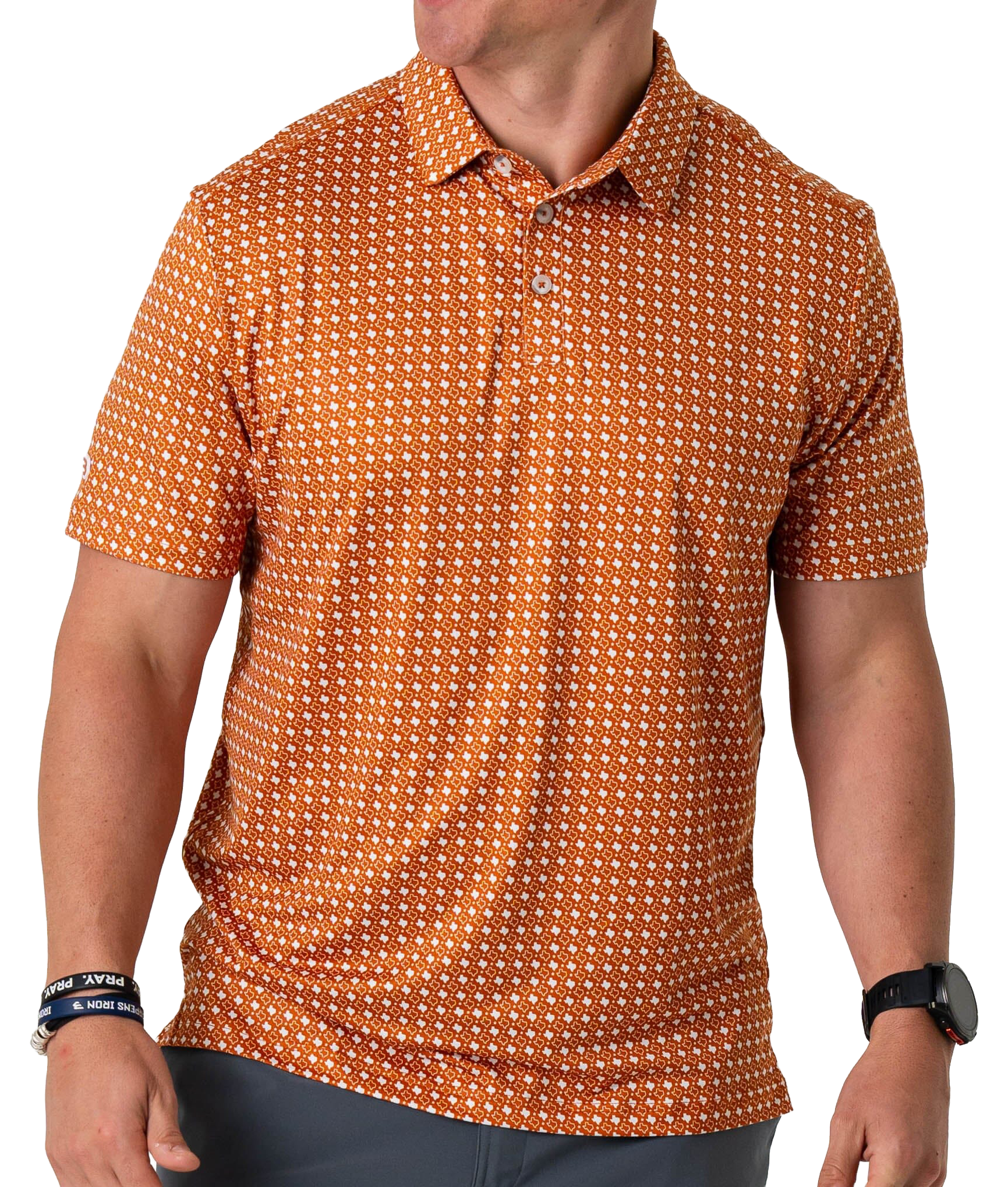 Image of BURLEBO Performance State Short-Sleeve Polo - Texas - Orange/White