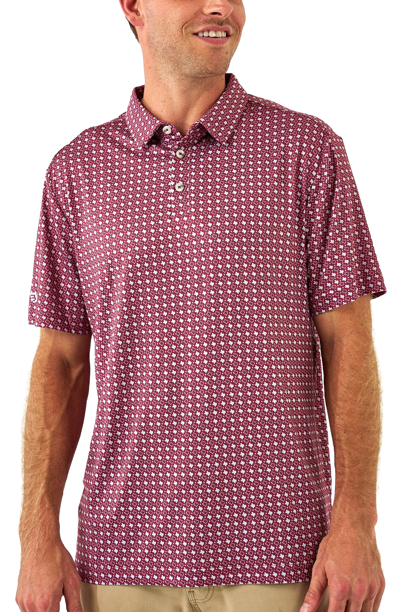 Image of BURLEBO Performance State Short-Sleeve Polo - Texas - Maroon/Grey