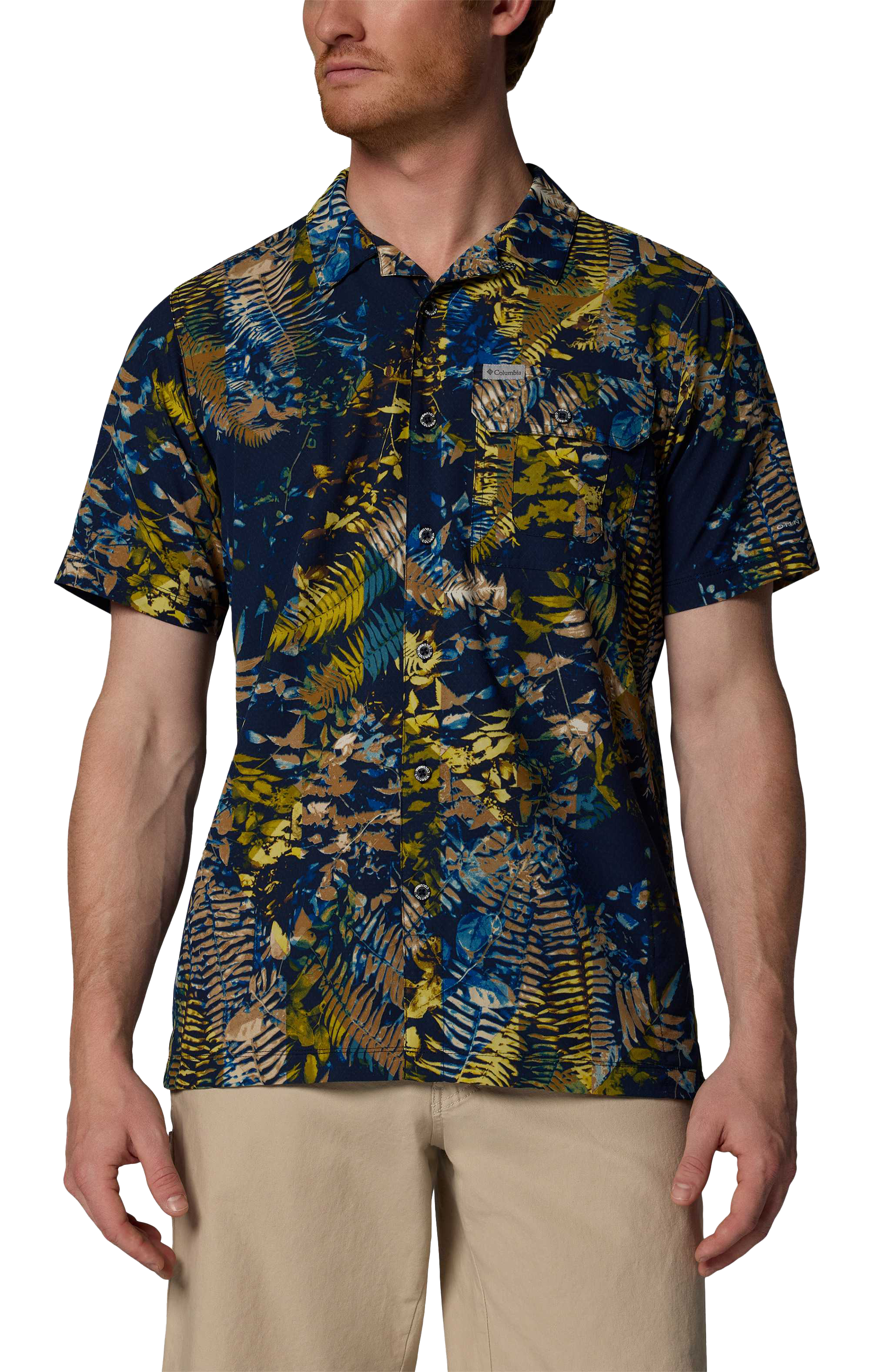 Image of Columbia Tech Trail Utility Printed Woven Short-Sleeve Button-Down Shirt - Mountain Blue/Geofern Greenscape - XS