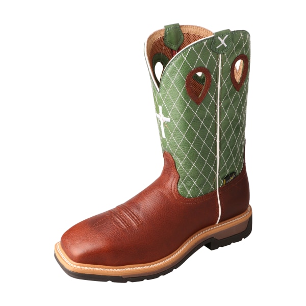 Twisted X Lite MetGuard Steel Toe Western Work Boots for Men - Cognac Glazed Pebble/Lime - 7M