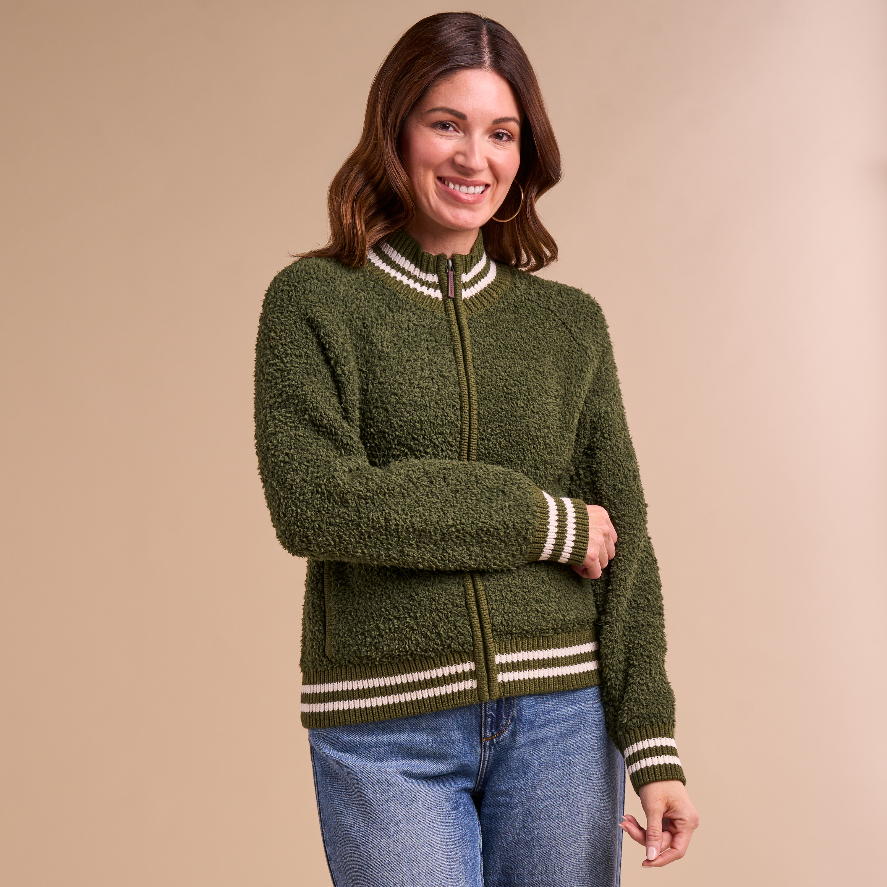 Image of Natural Reflections Cabin Sherpa Full-Zip Sweater - Rifle Green