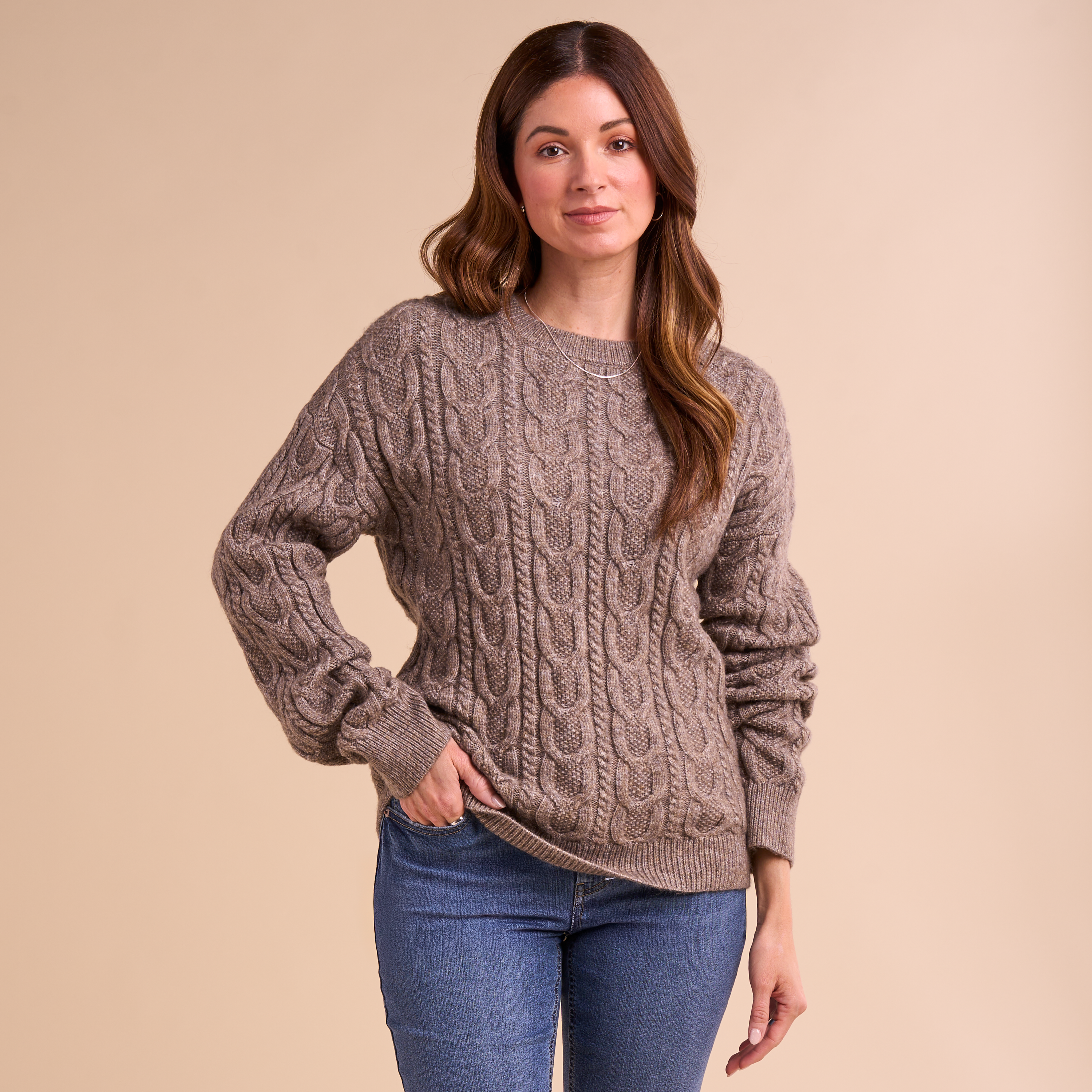 Image of Natural Reflections Ember Cable Crew Sweater - Brown Heather