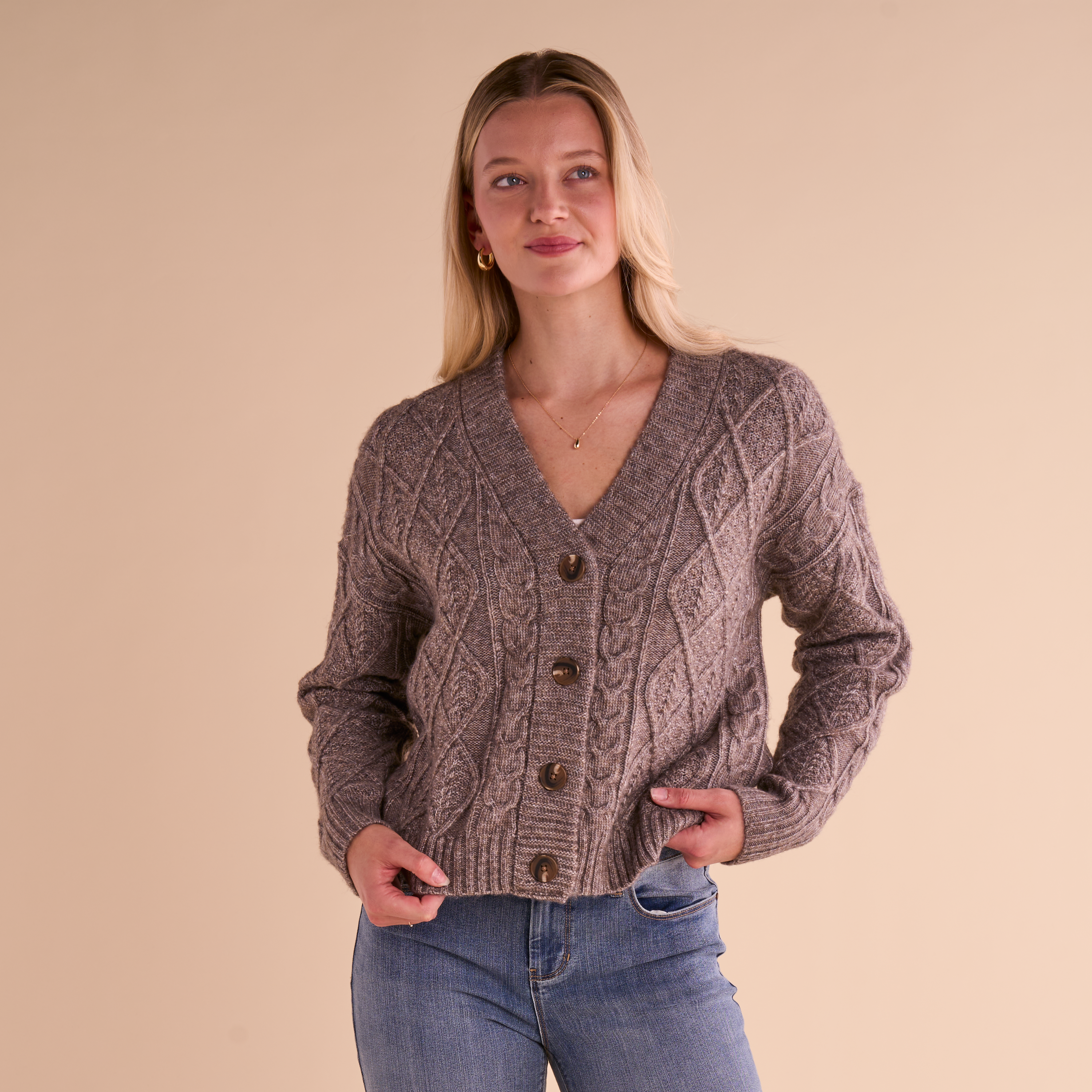 Image of Natural Reflections Crew Cable Cardigan - Heather Brown