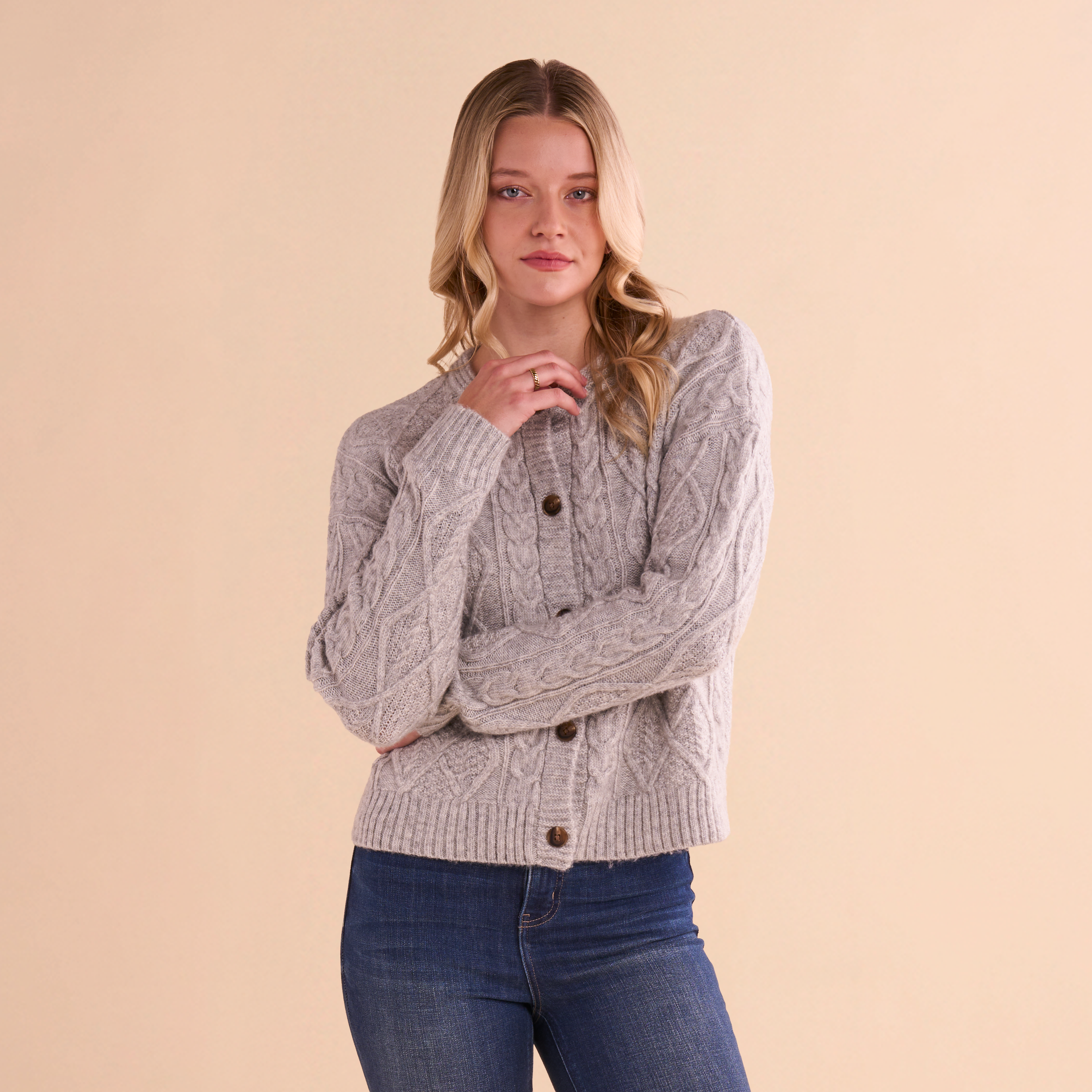 Image of Natural Reflections Crew Cable-Knit Cardigan - Heather Grey