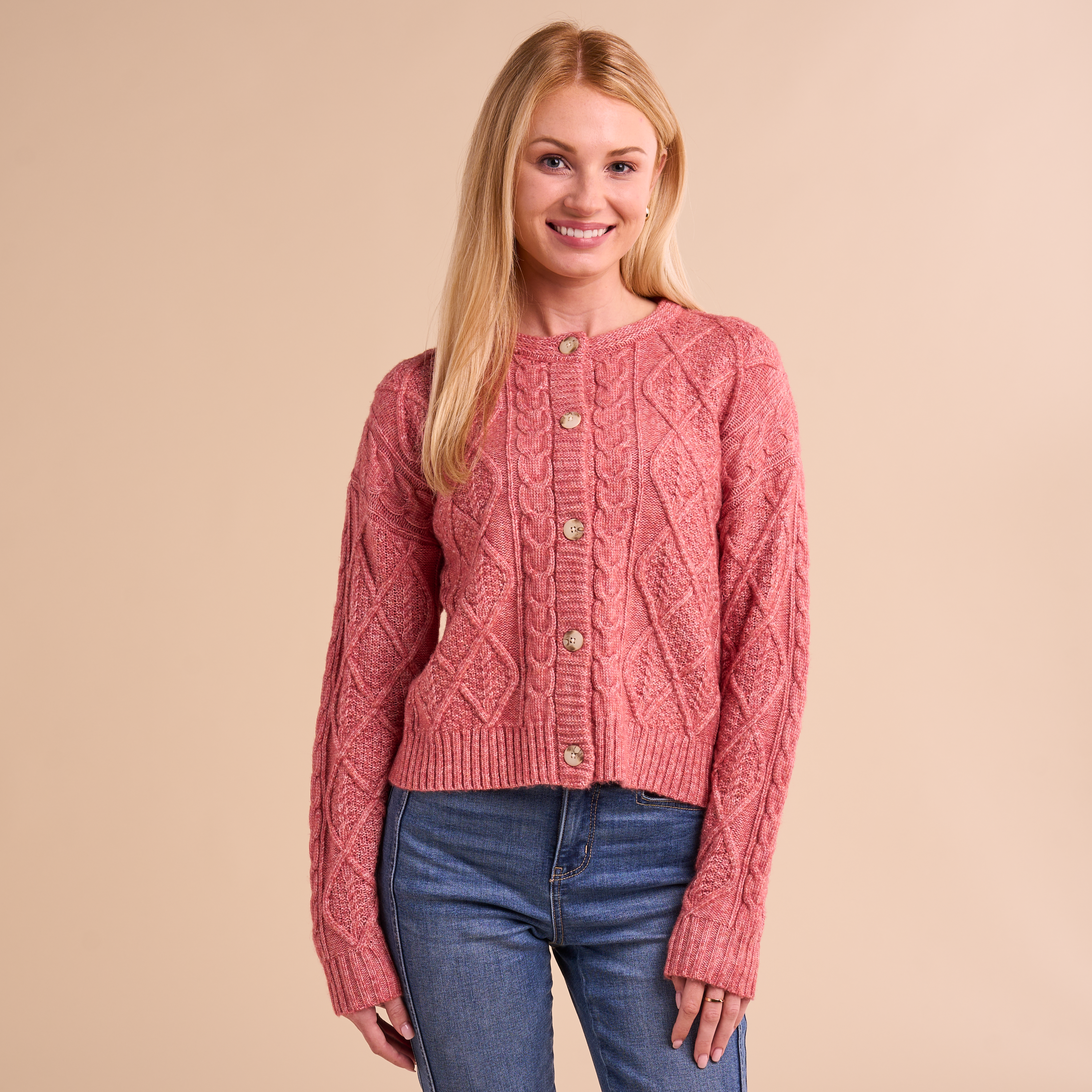 Image of Natural Reflections Crew Cable-Knit Cardigan - Canyon Rose