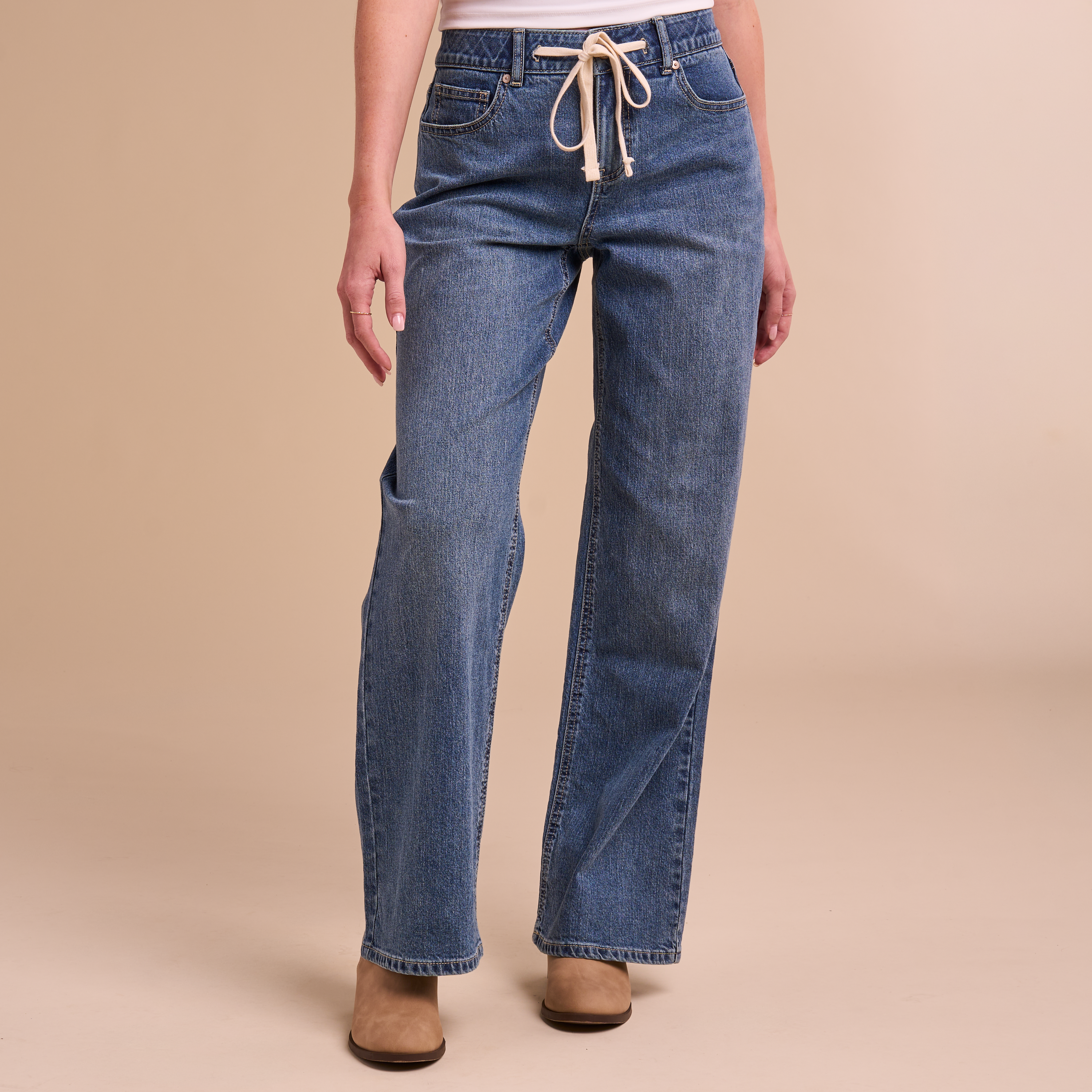 Image of Natural Reflections Drawstring Wide Leg Denim Pants