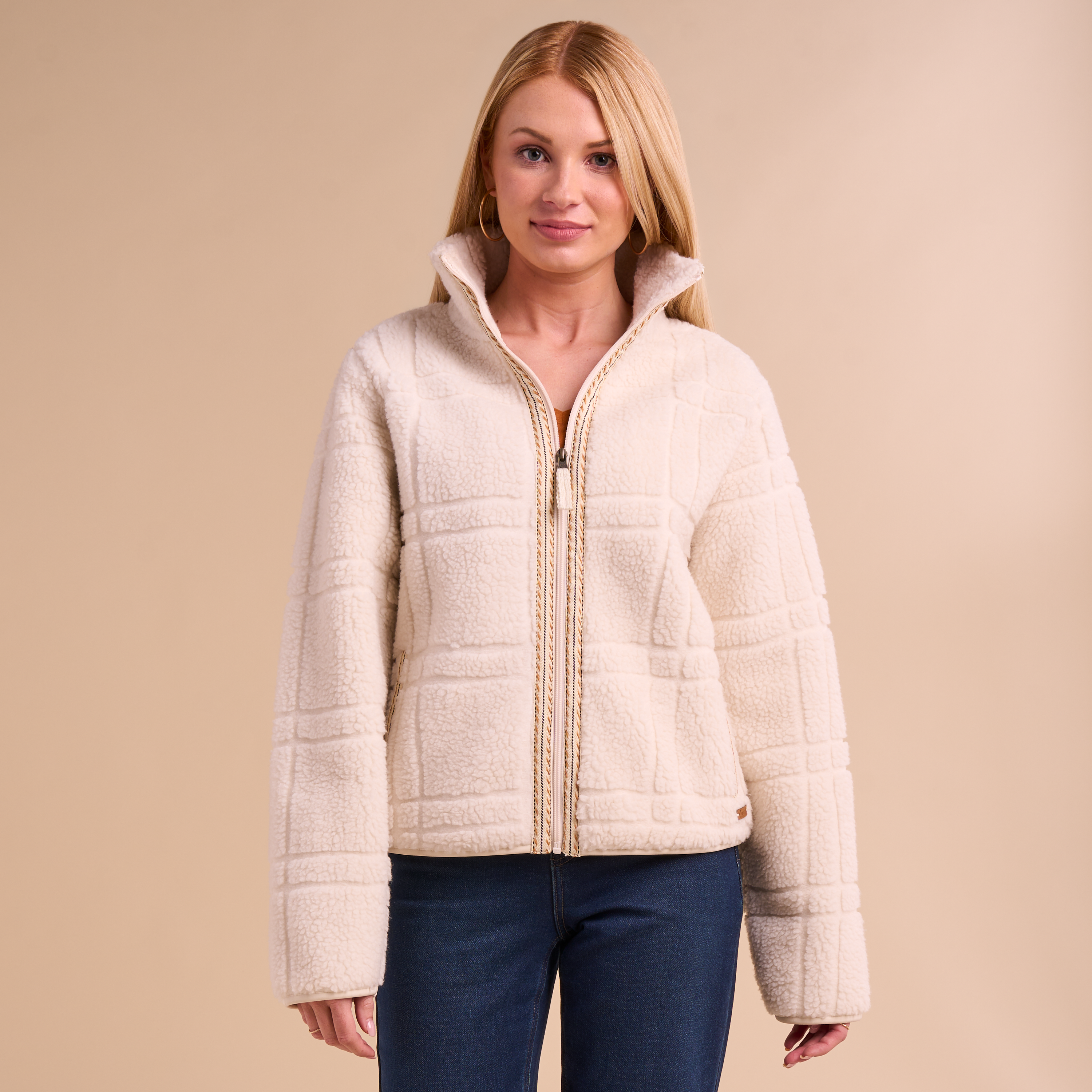 Image of Natural Reflections Ridgewood Sherpa Jacket - Egret Plaid